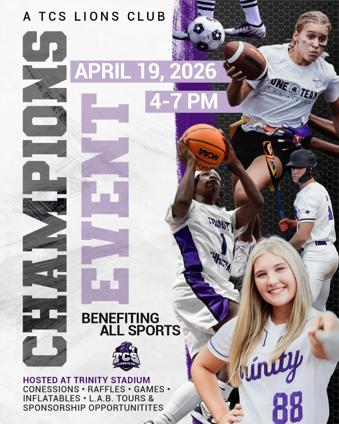 𝐖𝐡𝐚𝐭 𝐢𝐬 𝐚 𝐓𝐂𝐒 𝐋𝐢𝐨𝐧𝐬 𝐂𝐥𝐮𝐛 𝐂𝐡𝐚𝐦𝐩𝐢𝐨𝐧𝐬 𝐄𝐯𝐞𝐧𝐭?
It is an event hosted by the TCS Lions Club, with the goal to fundraise and encourage community support for our athletic programs.

𝐖𝐡𝐨 𝐢𝐬 𝐢𝐧𝐯𝐢𝐭𝐞𝐝 𝐭𝐨 𝐚𝐭𝐭𝐞𝐧?