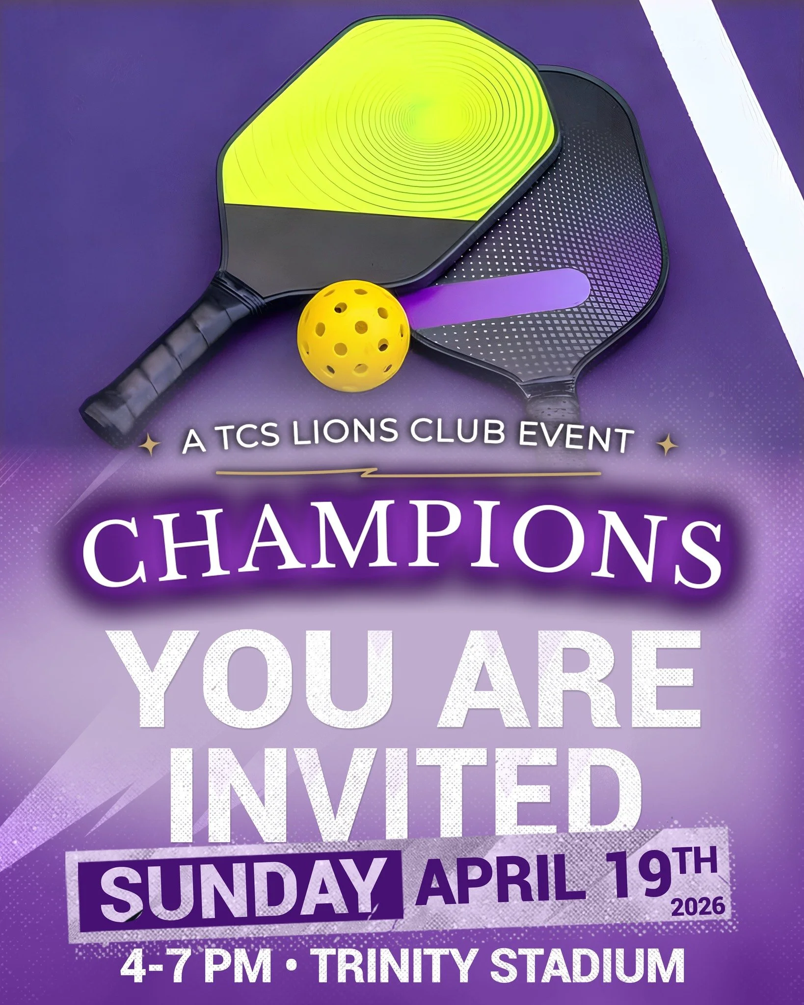 Show off your pickleball skills (hosted by our Tennis Team) at our TCS Lions Club Champions Event this Sunday.

📅 April 19, 2026
⏰ 4-7 PM
📍 Trinity Stadium

To participate in the activities, purchase your wristbands online (recommended for kids thr