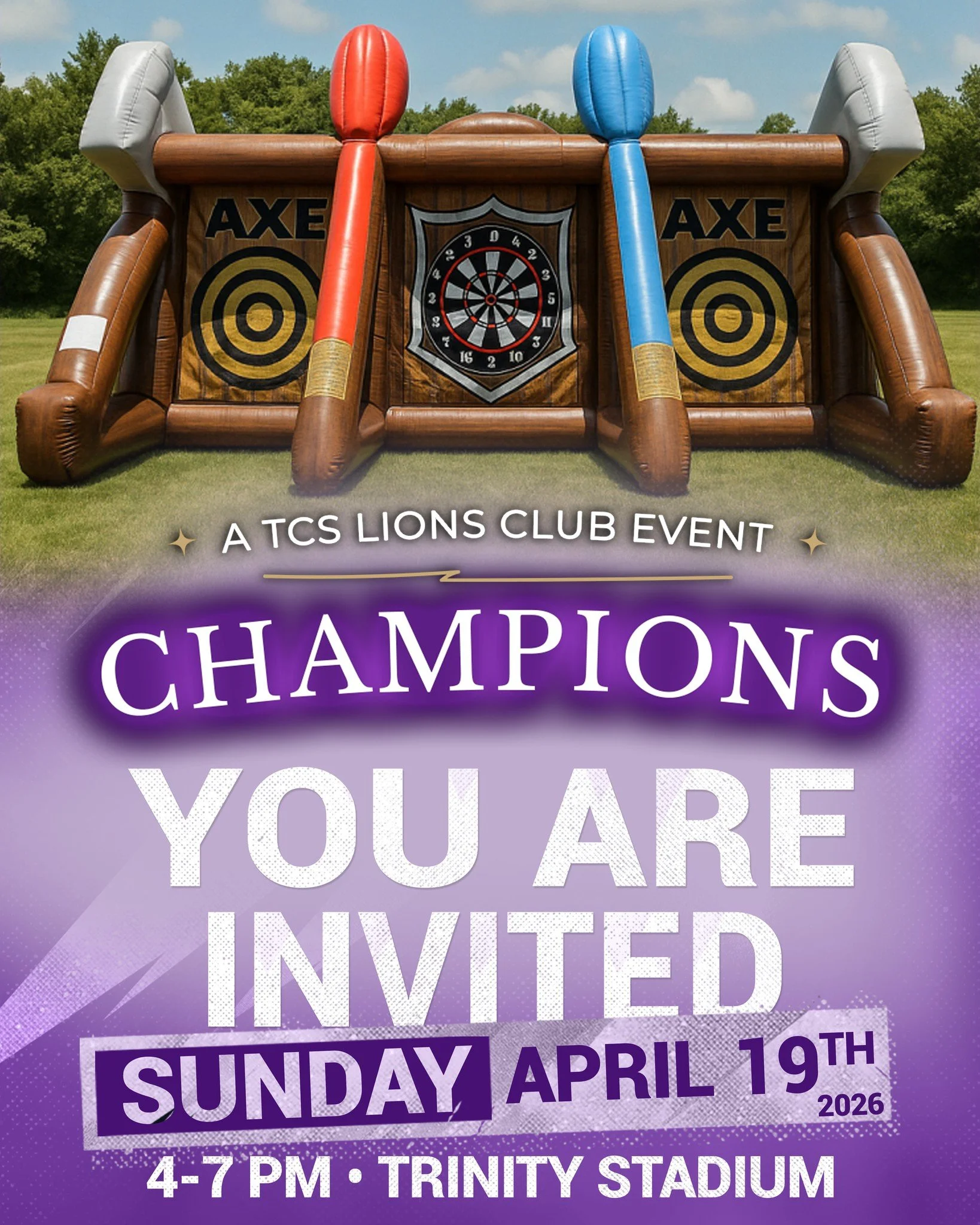 The Archery Team just can't stop thinking of bullseyes.  They will be hosting a larger-than-life Axe Throwing inflatable at our TCS Lions Club Champions Event this Sunday!

📅 April 19, 2026
⏰ 4-7 PM
📍 Trinity Stadium

Think you've got the aim of a 