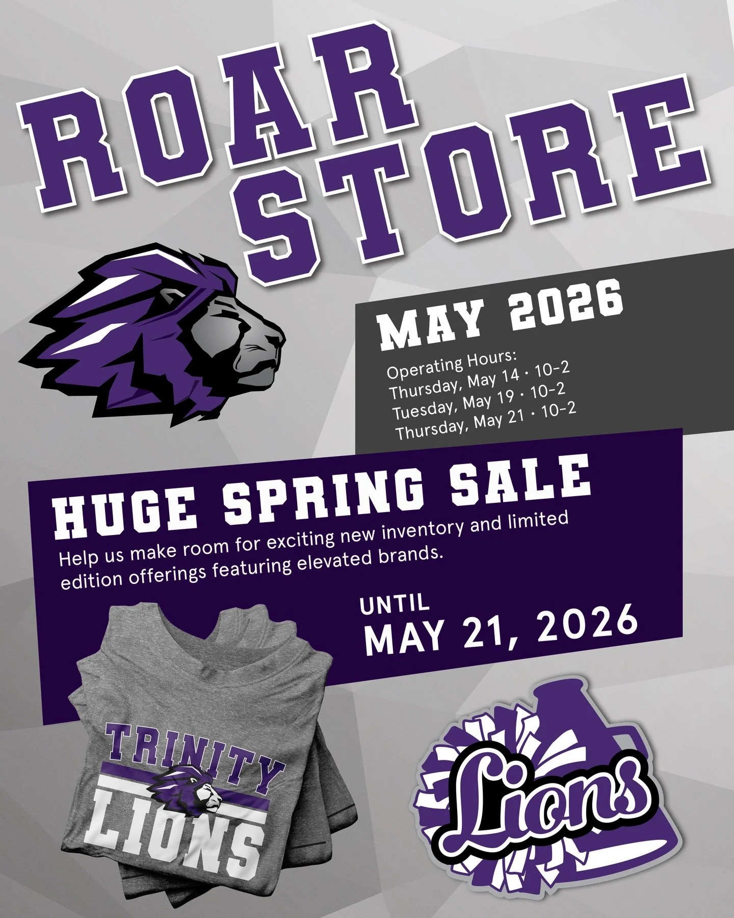This is a reminder that our Roar Store is running a spring sale.  Stop by and grab several items for a great price.

Opened Tuesday and Thursday from 10:00 AM - 2:00 PM until May 21, 2026.

Note:  The store will be closed during the month of June.