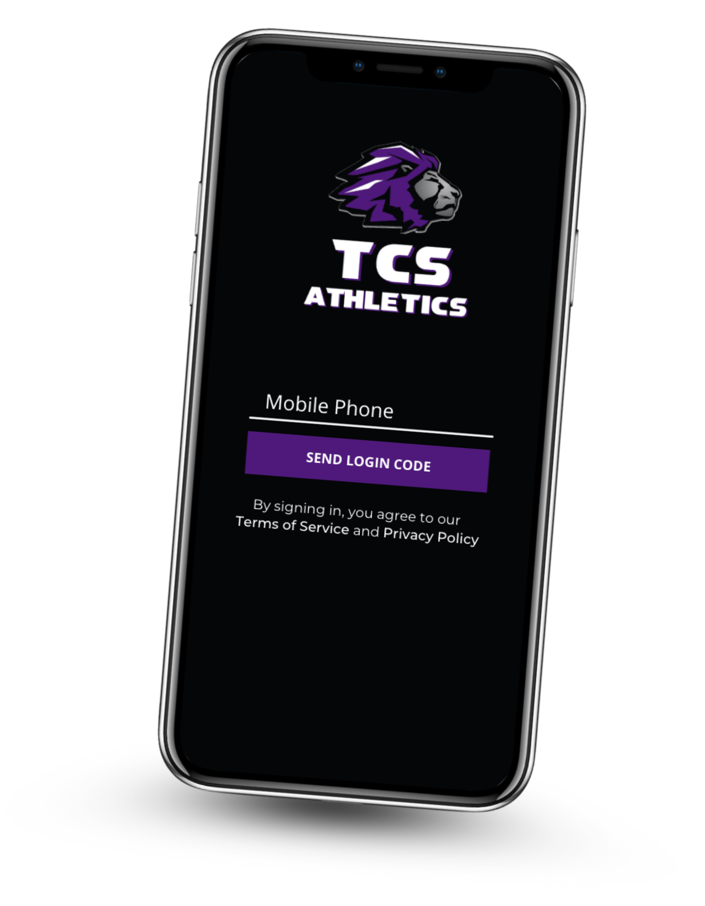 TCS Athletics mobile app login screen displayed on a tilted phone, featuring the lion logo and login prompt.