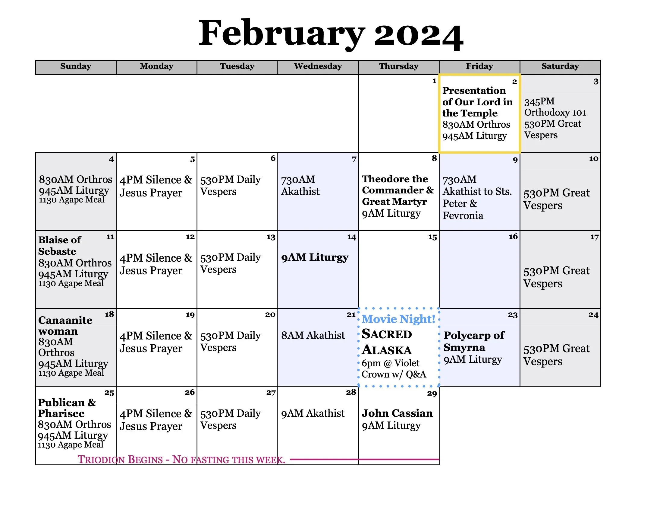 Holy Trinity Calendar Holy Trinity Orthodox Church Holy Trinity Calendar Holy Trinity Orthodox Church