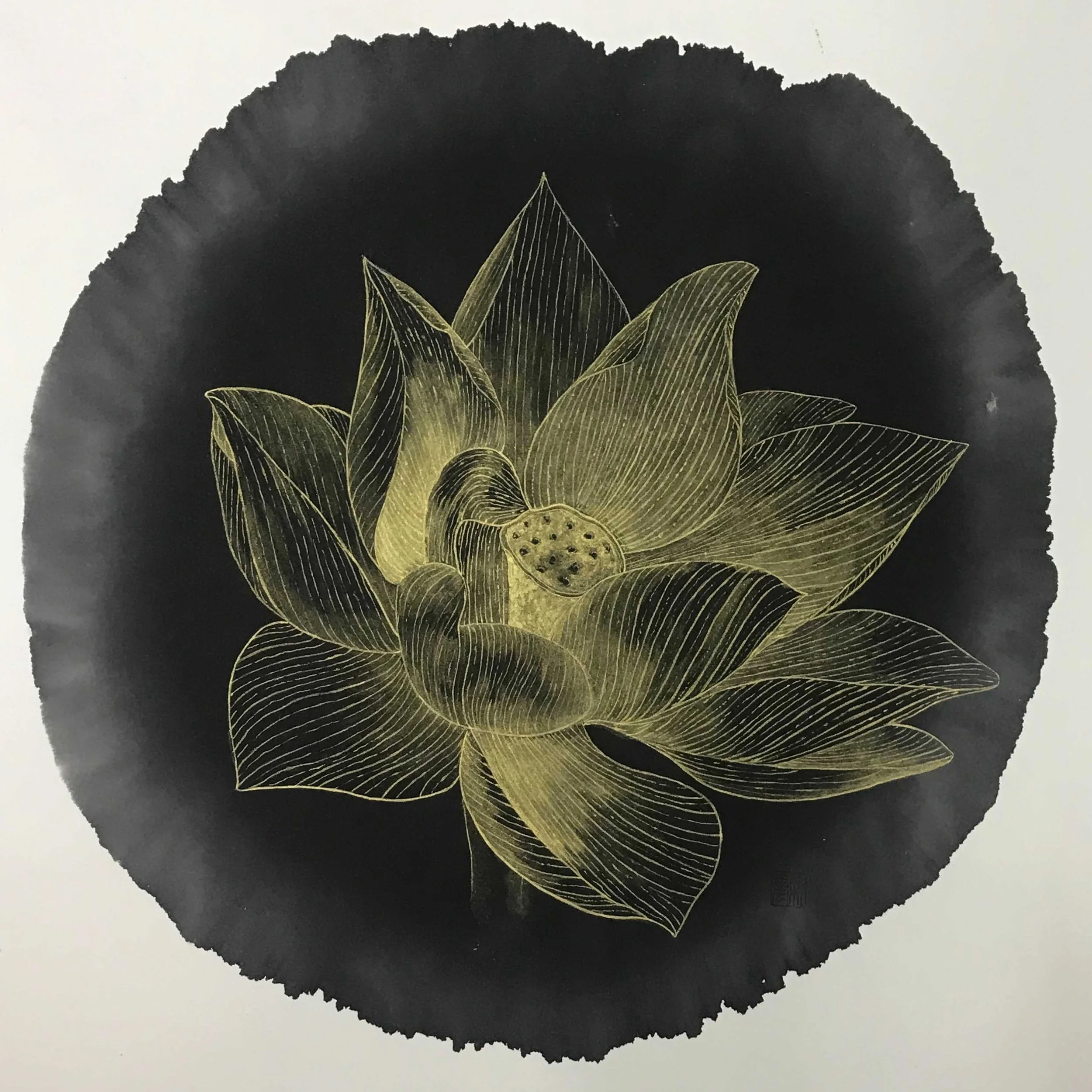 Ink Drop – Pruduence No. 5 | Installation, Rice Paper with Chinese Ink | Diameter: 32 cm (No frame) | USD 4,000