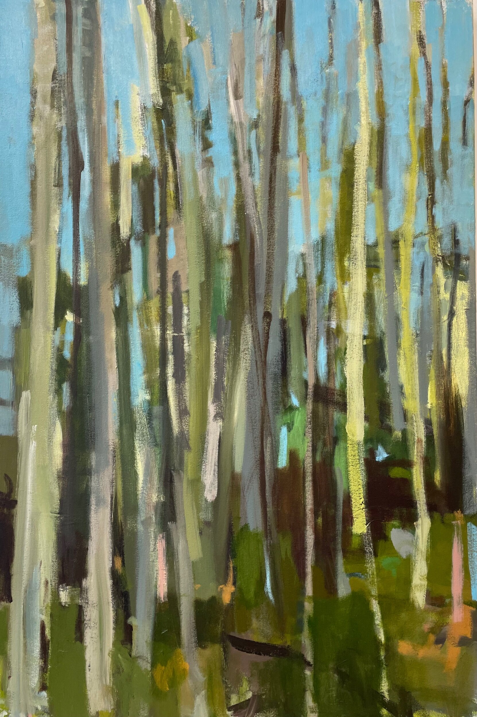 Abstract painting of trees inspired by the woods of Maine. Acrylic on canvas