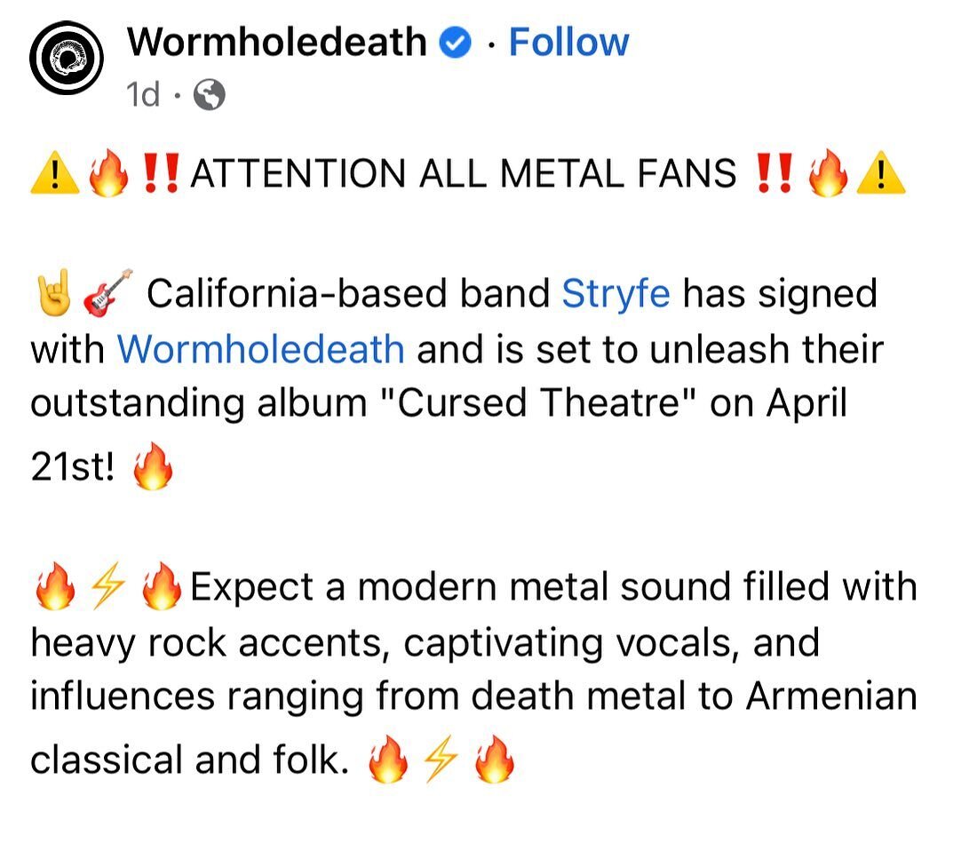 Excited to announce that we're set to re-release our debut record in partnership with Wormholedeath in April!

#stryfe #cursedtheatre #wormholedeath #metalmusic