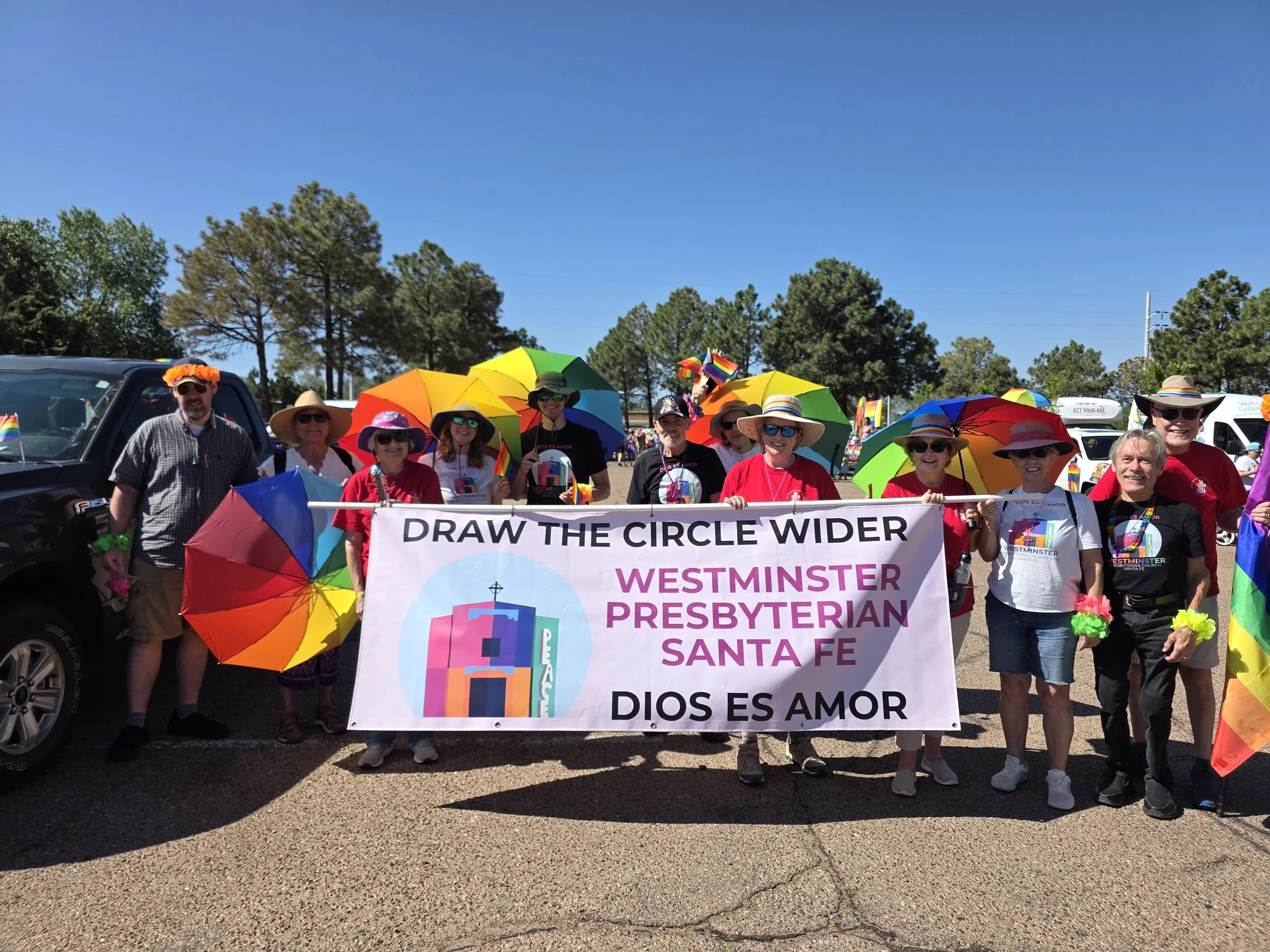 Westminster gathers to march in the 2026 Pride Parade, with friends from First Presbyterian Church, Santa Fe.
