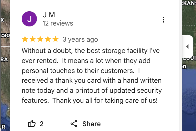 Google review from JM praising a storage facility for excellent service and personalized touches, including a handwritten thank you note and security updates, three years ago.