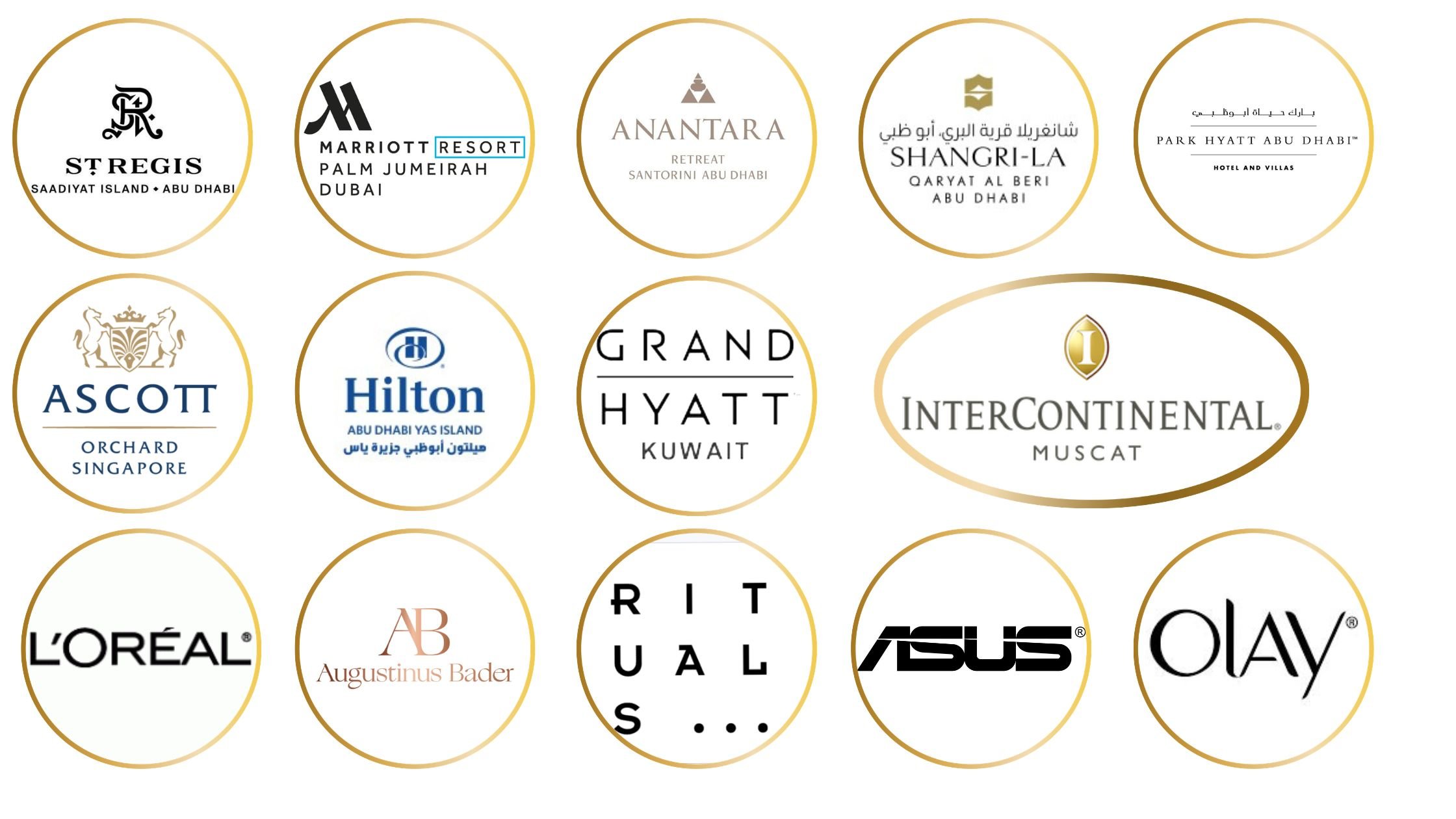 Logos of various hotels, brands, and companies including St. Regis, Marriott Resort Palm Jumeirah Dubai, Anantara, Shangri-La, Park Hyatt Abu Dhabi, Ascott, Hilton Abu Dhabi Yas Island, Grand Hyatt Kuwait, Intercontinental Muscat, L'Oreal, Augustinus Bader, Asus, and Olay, arranged in a grid with gold-circle borders.