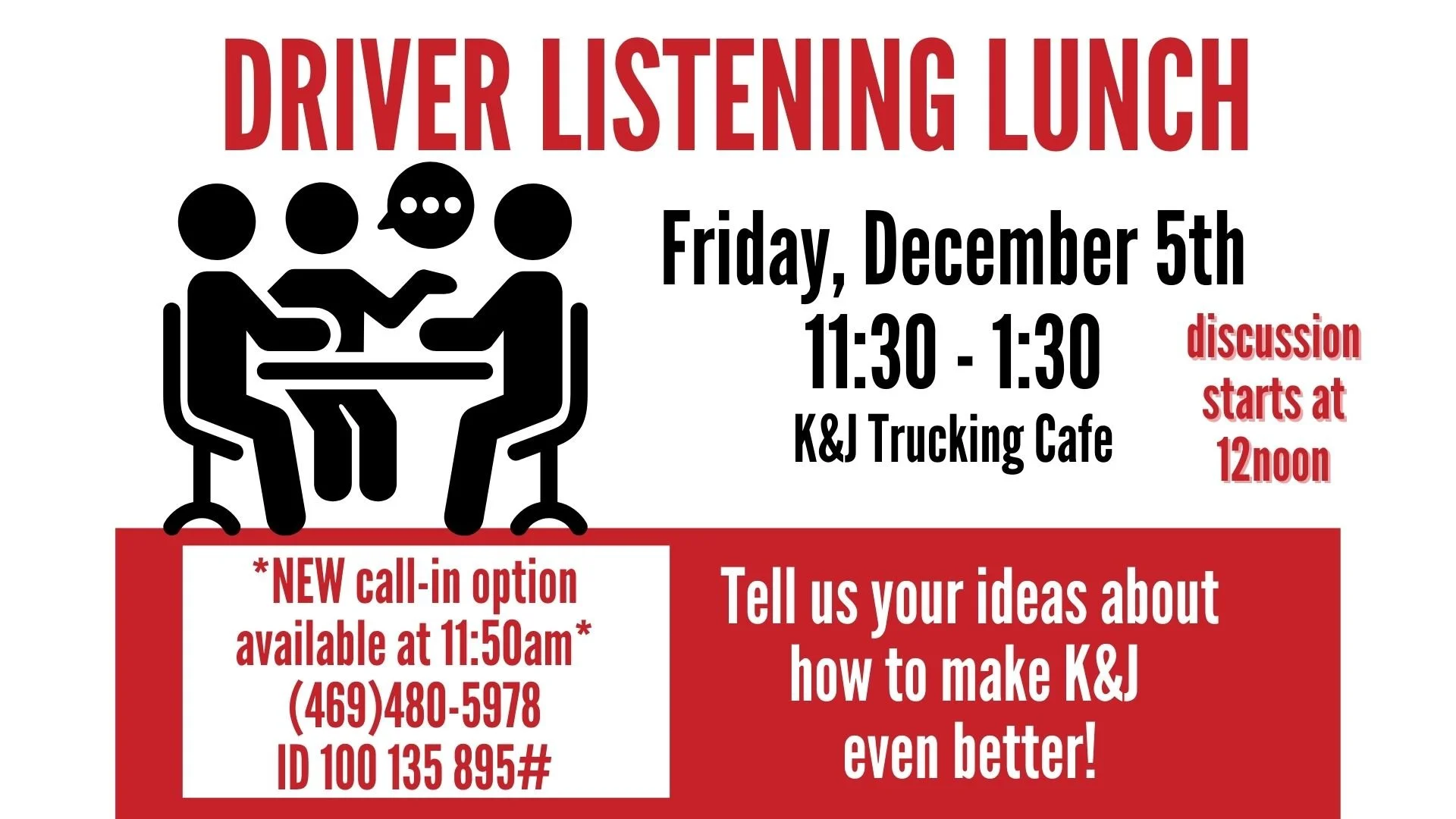 Driver listening lunch tomorrow! Come with a hungry belly and great topics of conversation!