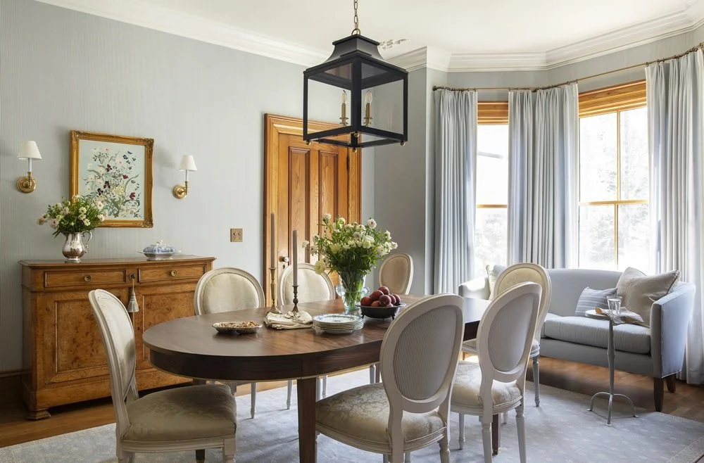 Sherborn dining room with custom walnut dining table, Louis IX chairs, antique sideboard, blue lantern, custom drapery, historic design, traditional design, classic design