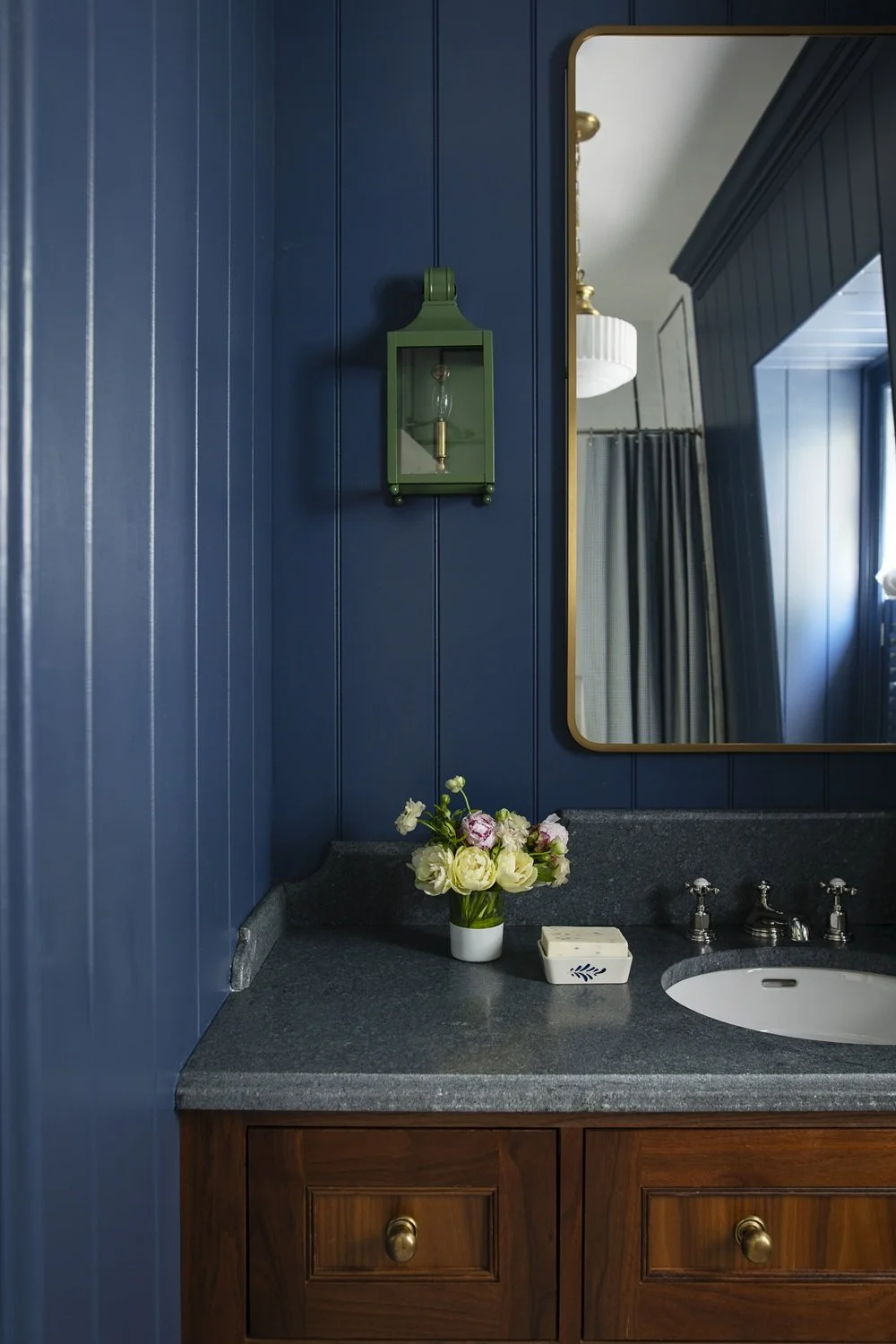 Sherborn kid's bathroom with custom tile design, blue and white tile, gingham marble floor, walnut vanity, beadboard on walls