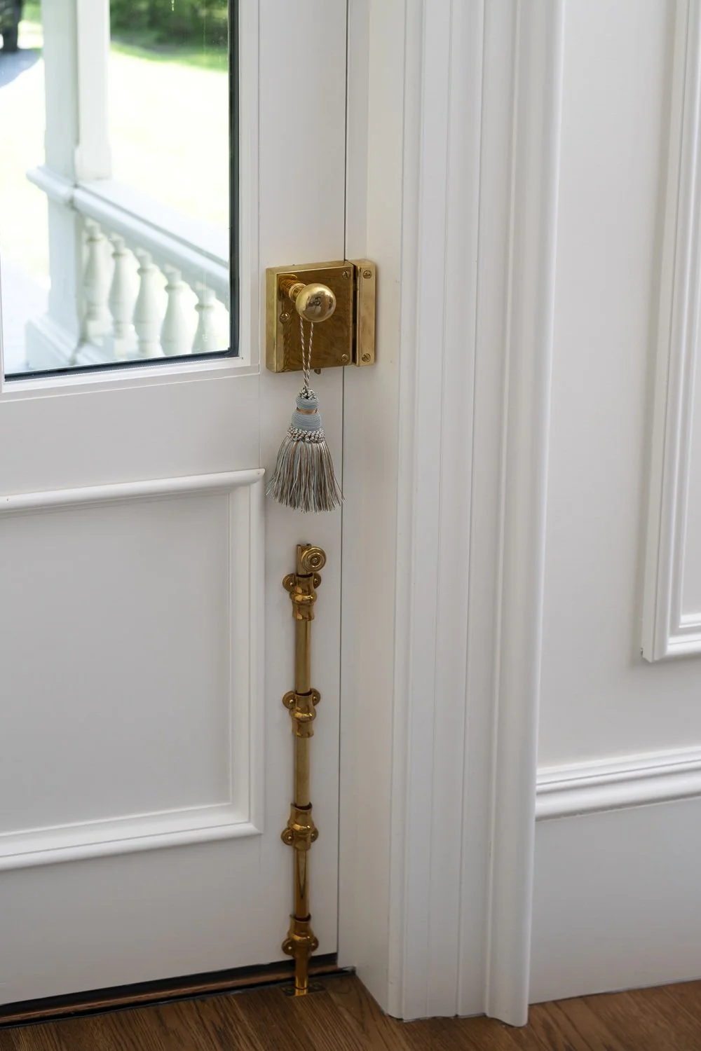 Sherborn living room with rim lock on door and tassel, historic design, traditional design, classic design