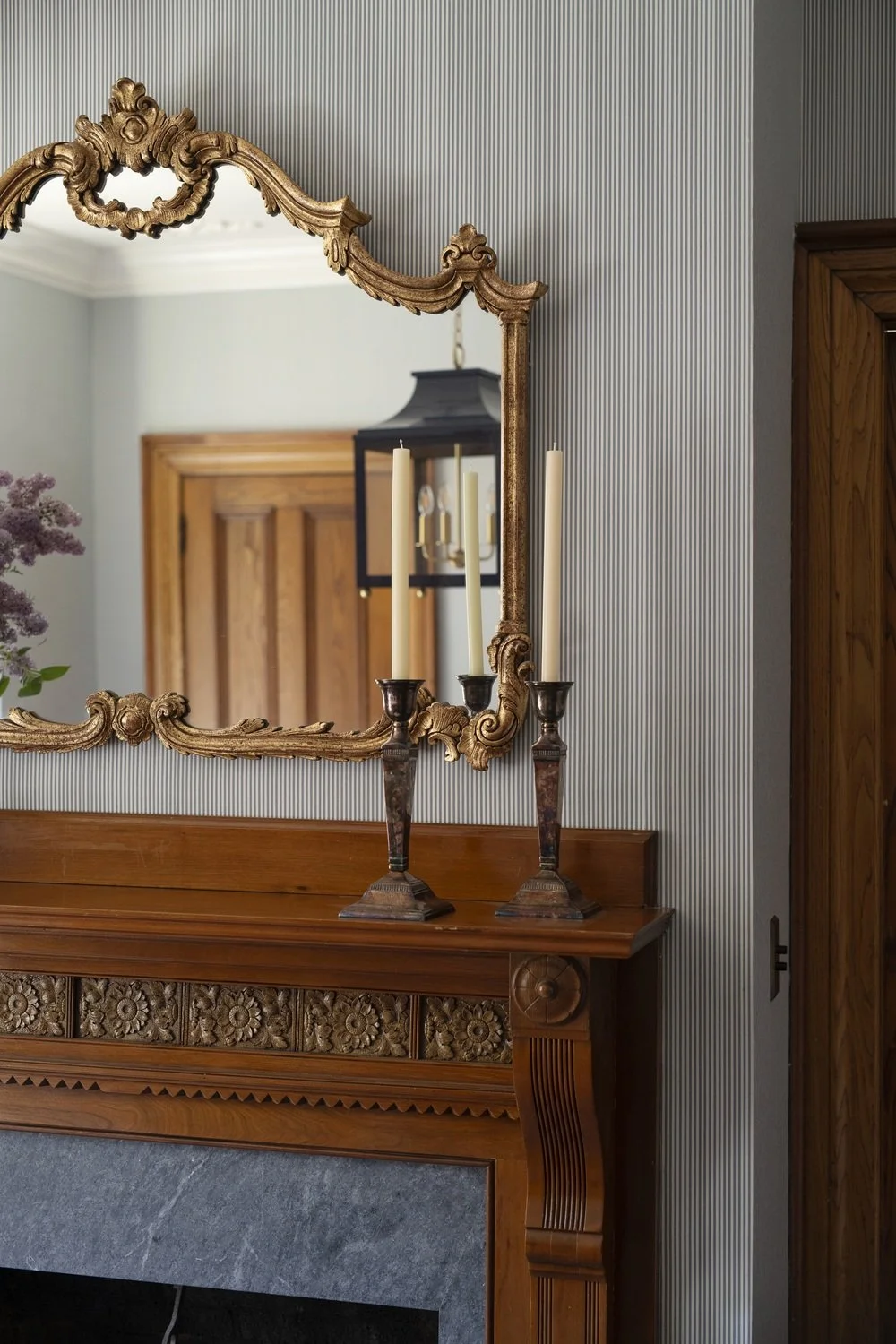 Sherborn dining room with custom walnut dining table, Louis IX chairs, antique sideboard, blue lantern, custom drapery, historic design, traditional design, classic design
