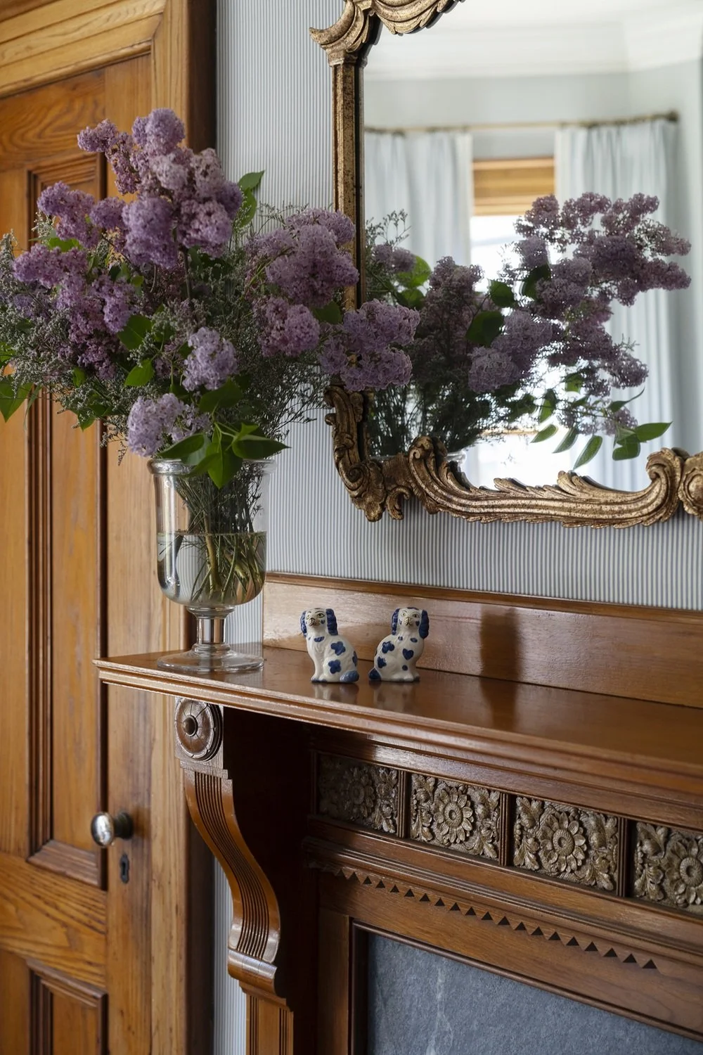 Sherborn dining room with striped wallpaper, wood mantle, historic design, traditional design, classic design