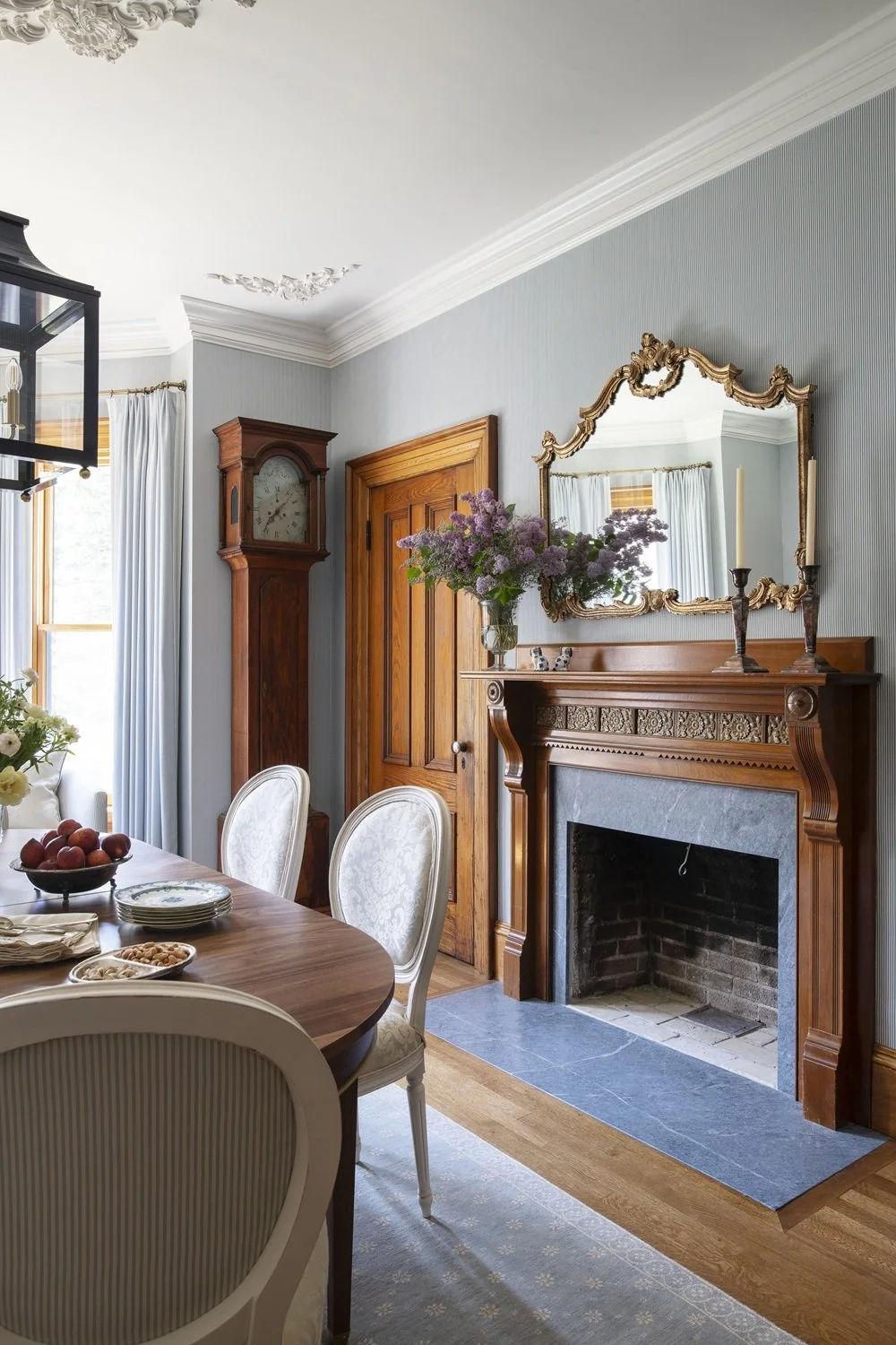 Sherborn dining room with custom walnut dining table, Louis IX chairs, antique sideboard, blue lantern, custom drapery, historic design, traditional design, classic design