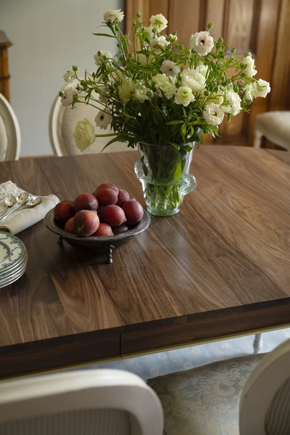 Sherborn dining room with custom walnut dining table, Louis IX chairs, antique sideboard, blue lantern, custom drapery, historic design, traditional design, classic design
