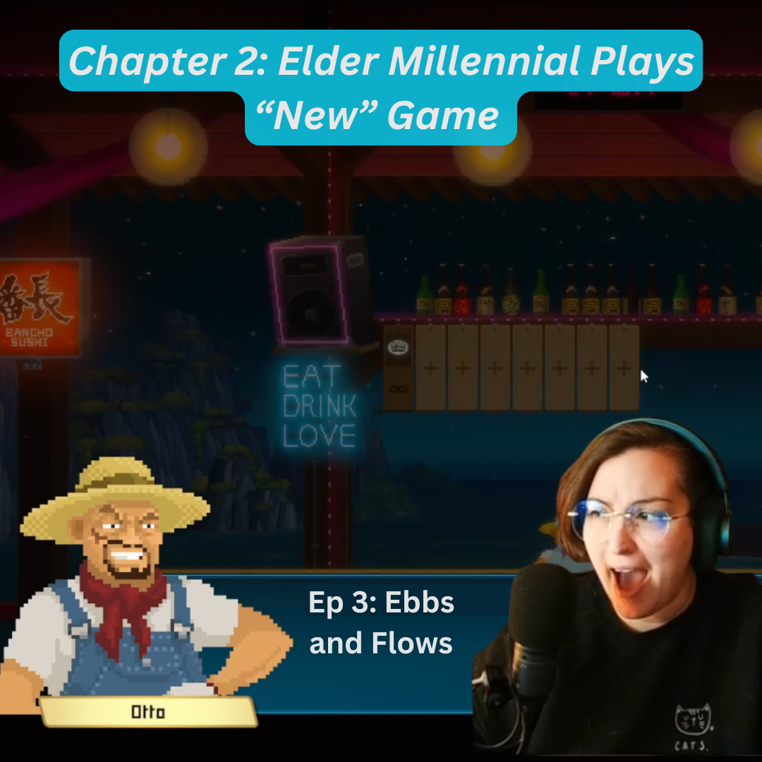 Mostly Blue Background from Dave the Diver Game. Pixelated Hermit Crab is on the left side. A shocked image of Torin in the foreground