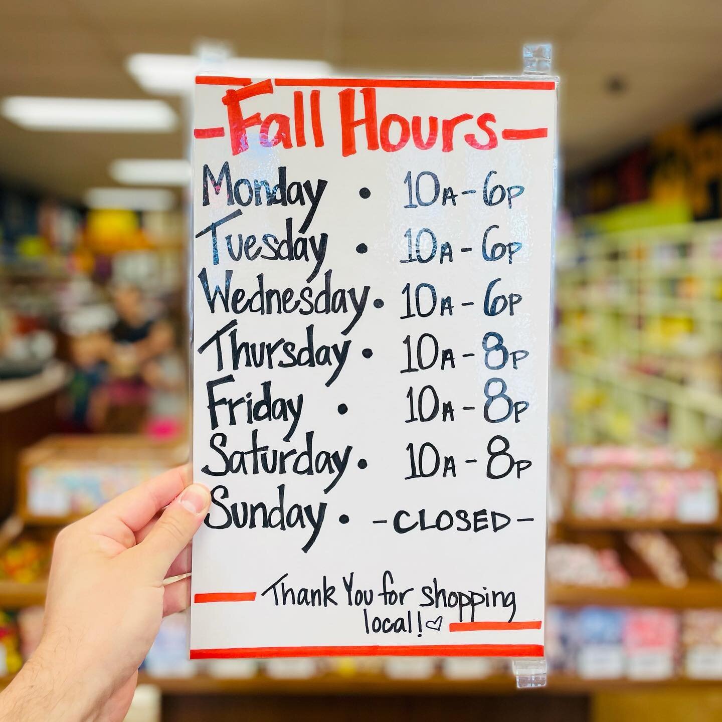 NEW Fall Hours:
M, T, W: 10:00am-6:00pm
Th, F, Sat: 10:00am-8:00pm
Sunday: Closed 
Thank you for shopping local!
#hollandpeanutstore #familybusiness #fallhours #shopsmall #shoplocal #shopindependent #shopsmallbusiness #supportsmallbusiness #downtownh