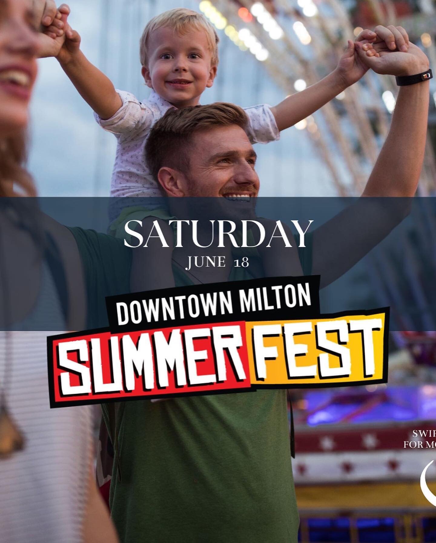 ☀️ DOWNTOWN MILTON - SUMMERFEST ☀️ 

Saturday June 18th 12pm - 8pm
Main St. Milton

Family Fun - games, activities, photo ops

🚗 Displayed Classic &amp; Collection Cars

🎸 Live Music Include: 
The Starlite Dreamers
The DadBodz
The $2 Bills
NorthSho