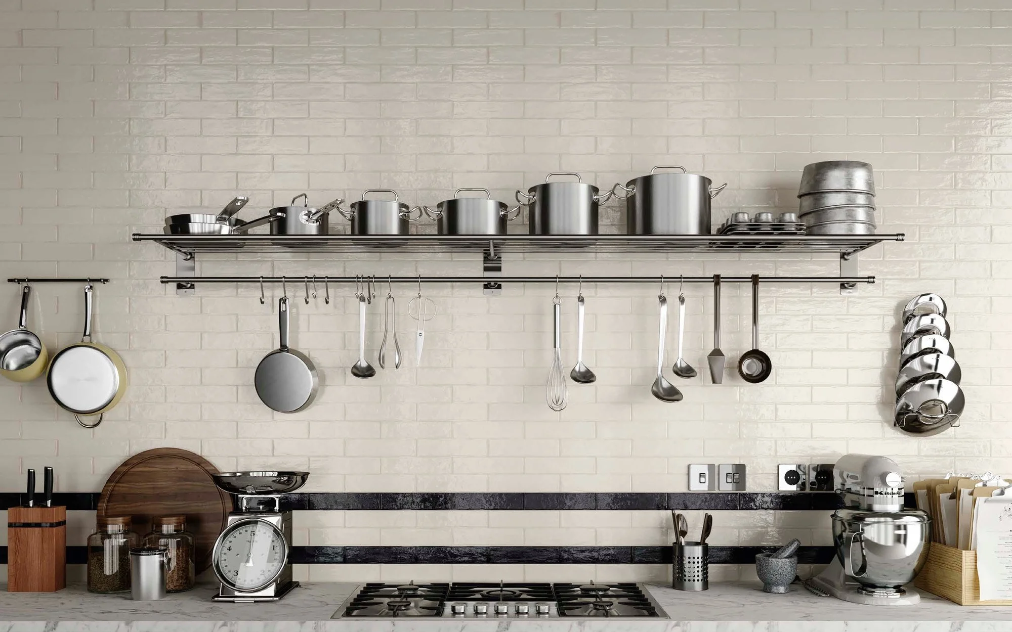 Revestimiento cerámico Tetris en cocina con muro de formato pequeño
