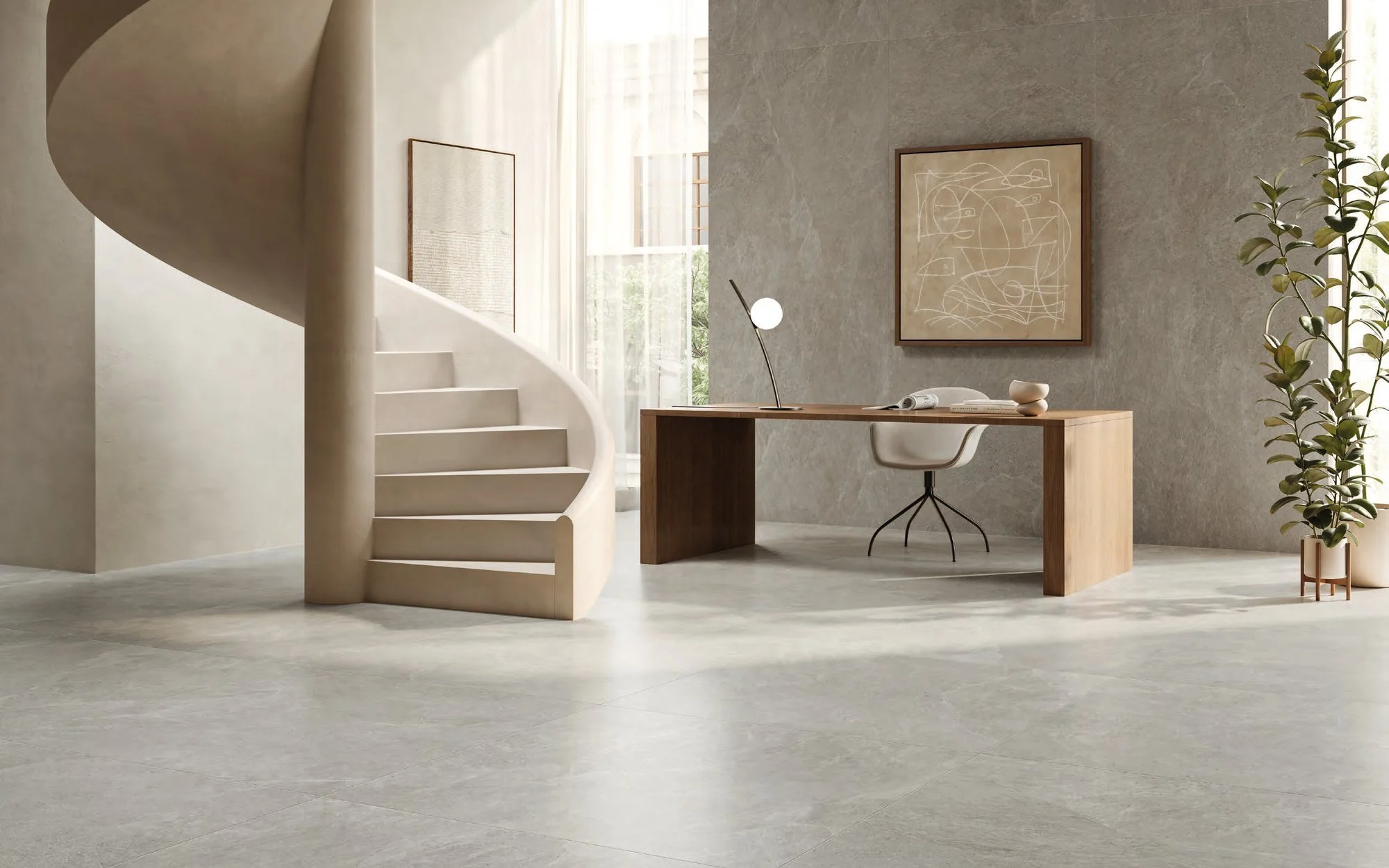 Porcelanato Moonstone en piso y muro de oficina con escalera de caracol