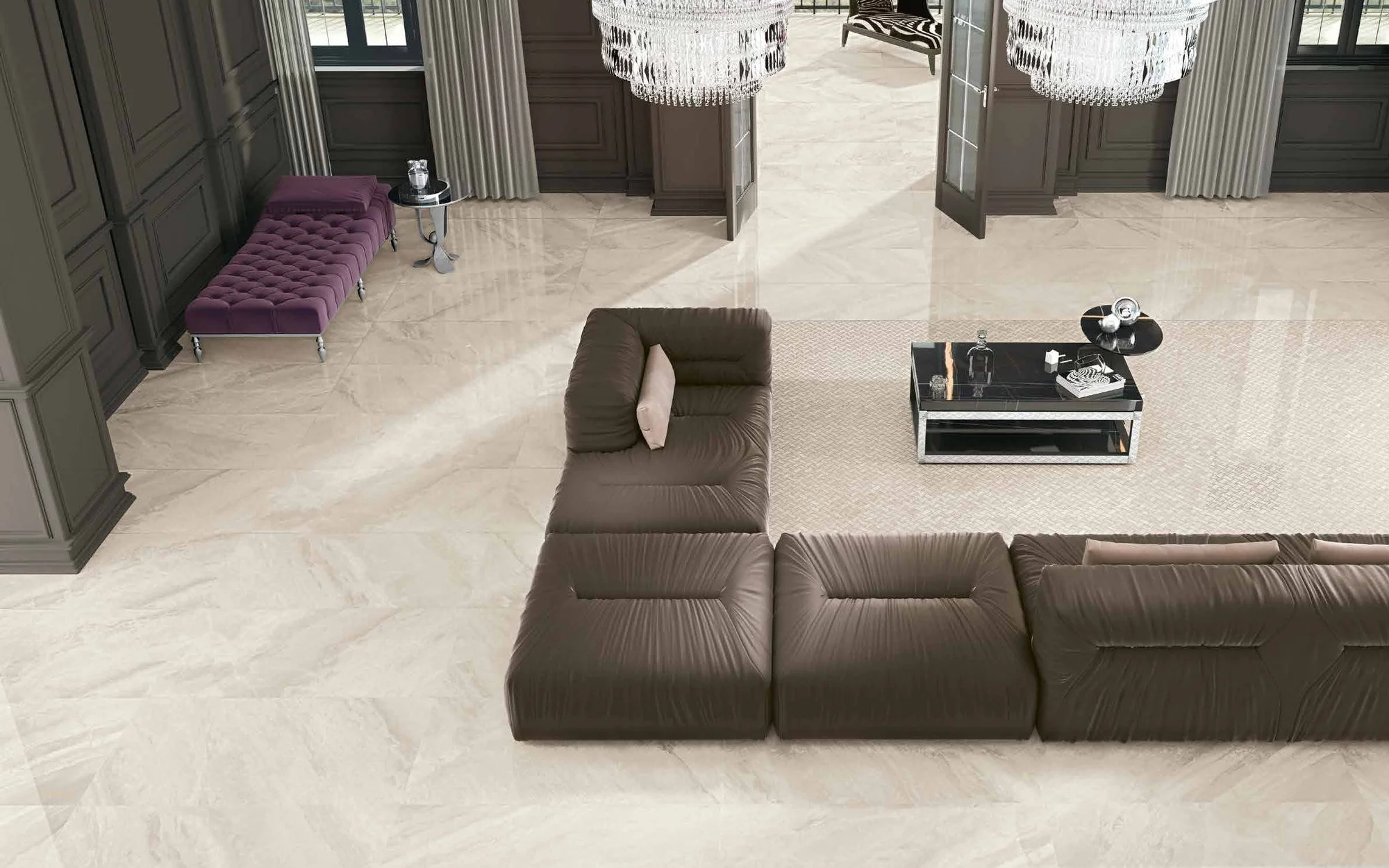Porcelanato tipo mármol Supreme en sala de diseño con piso brillante