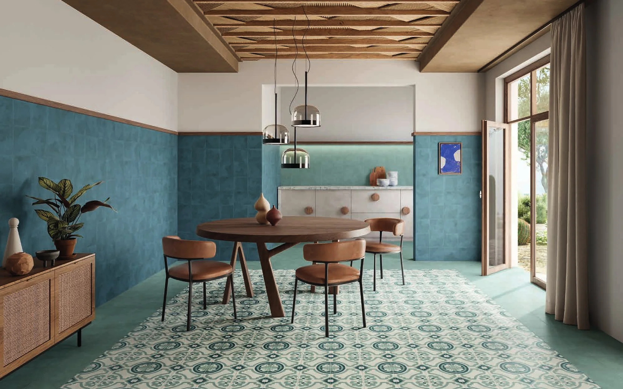 Cerámica decorada Terra Art en comedor con piso de patrón y muro azul