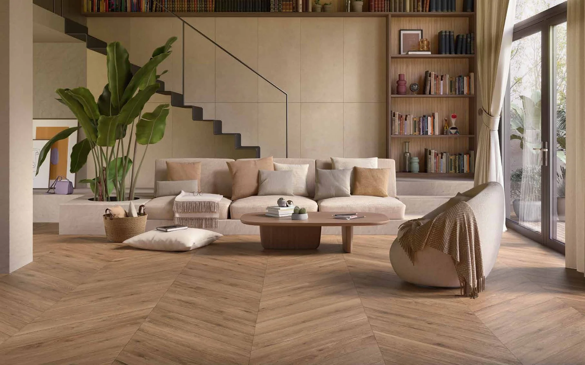 Porcelanato efecto madera Cocoon en sala con piso en espiga