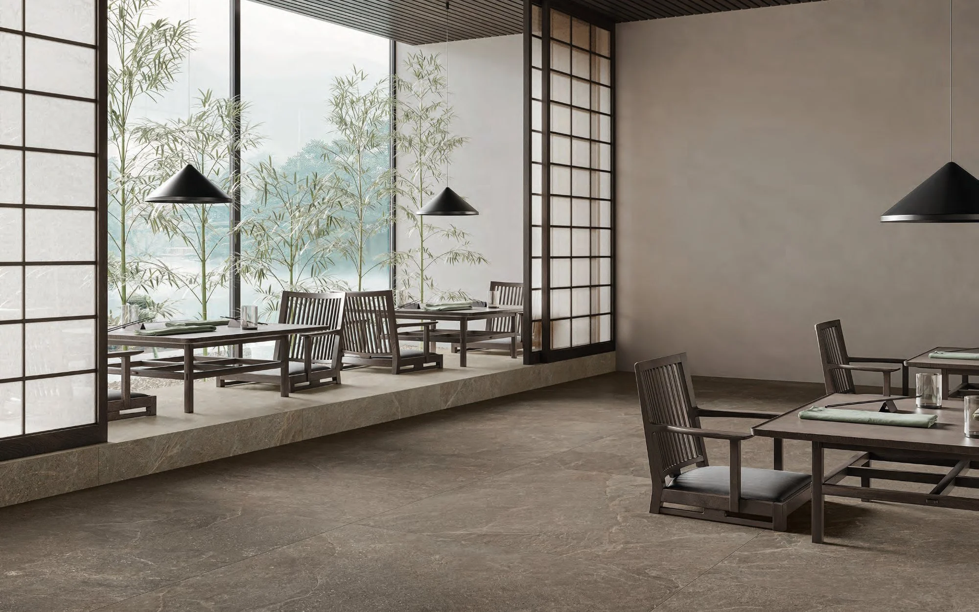 Porcelanato Moonstone en restaurante de estilo japonés con piso de piedra