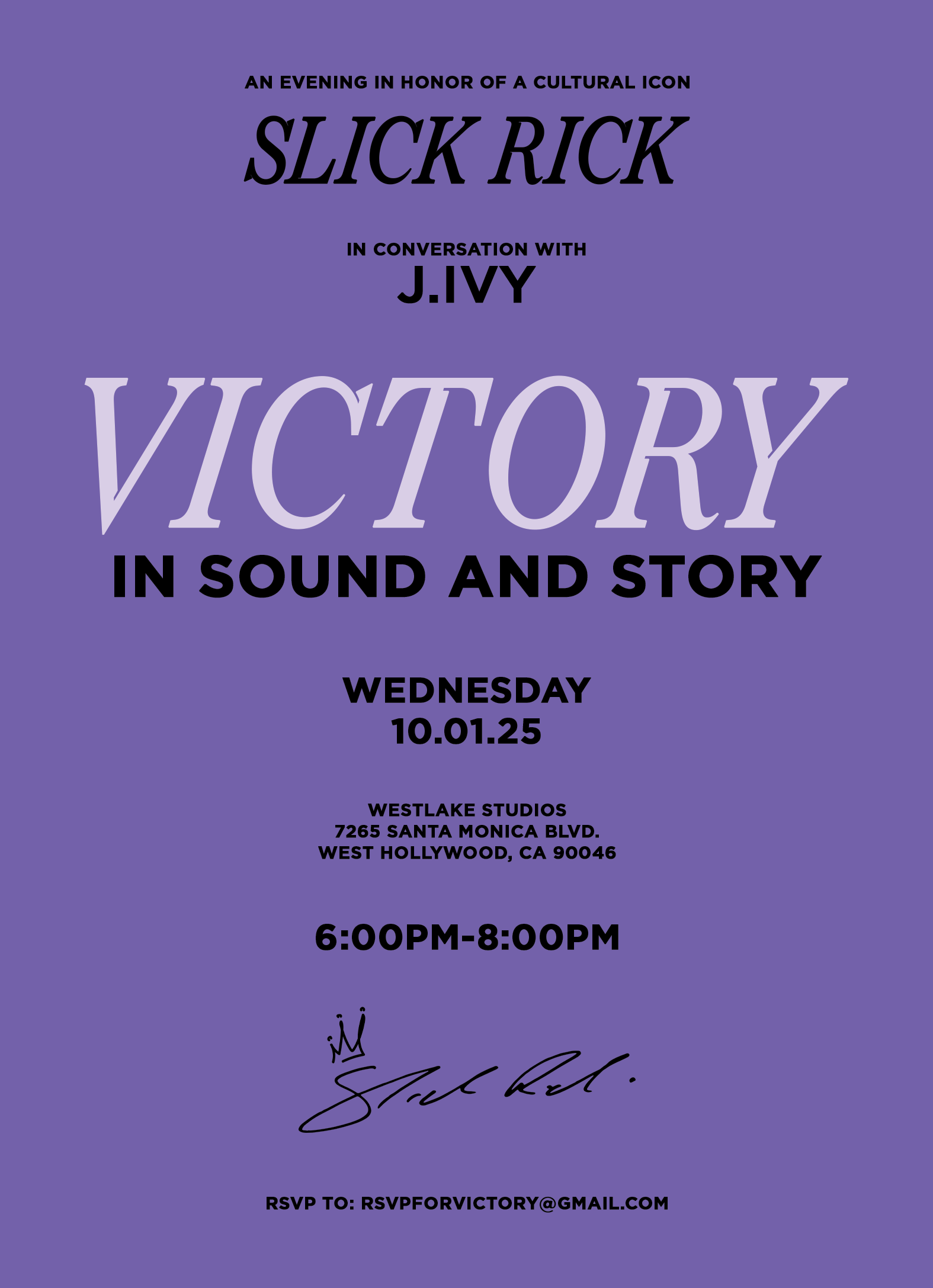 "Victory In Sound and Story" invitation