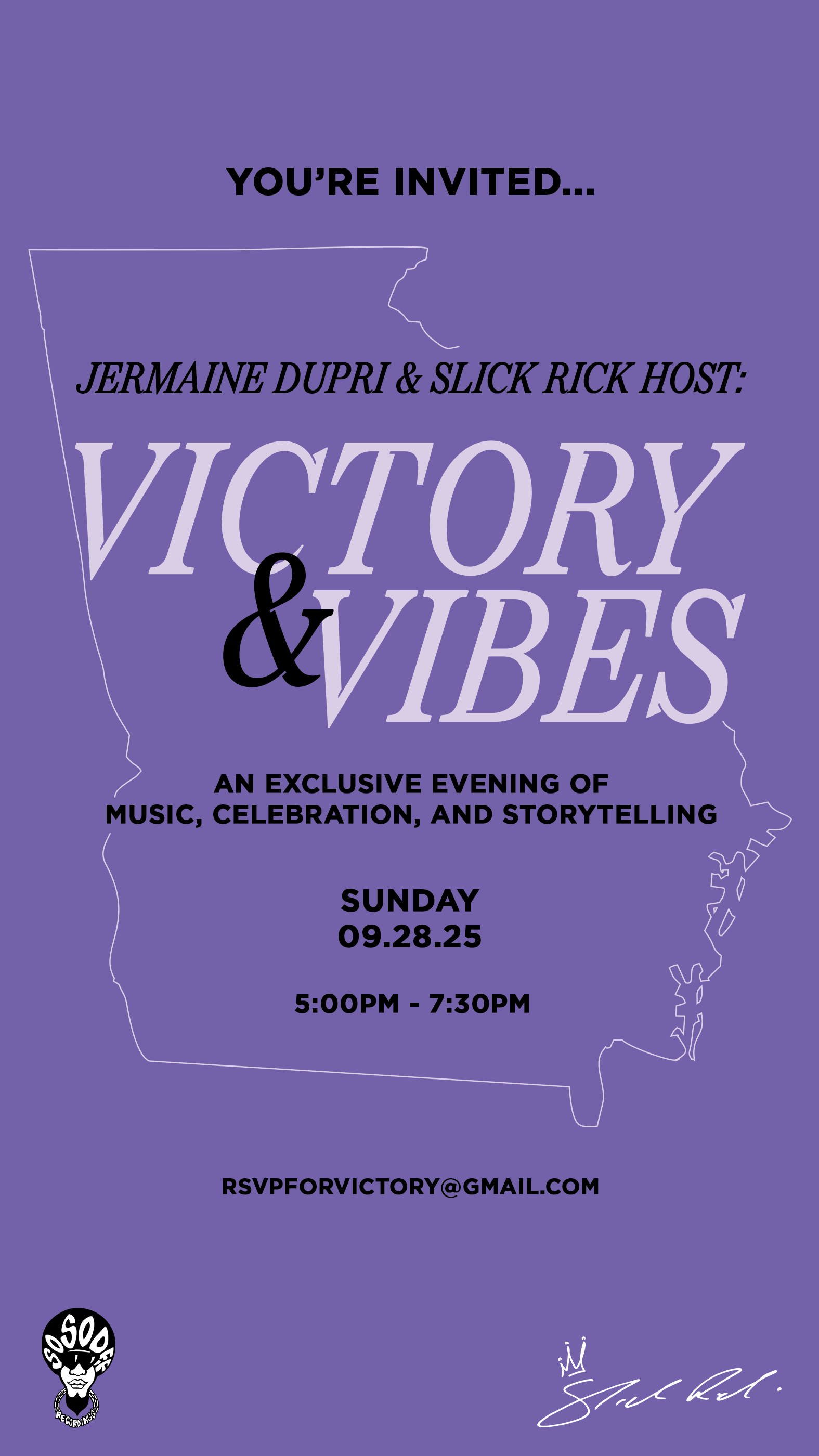 "Victory & Vibes" invitation