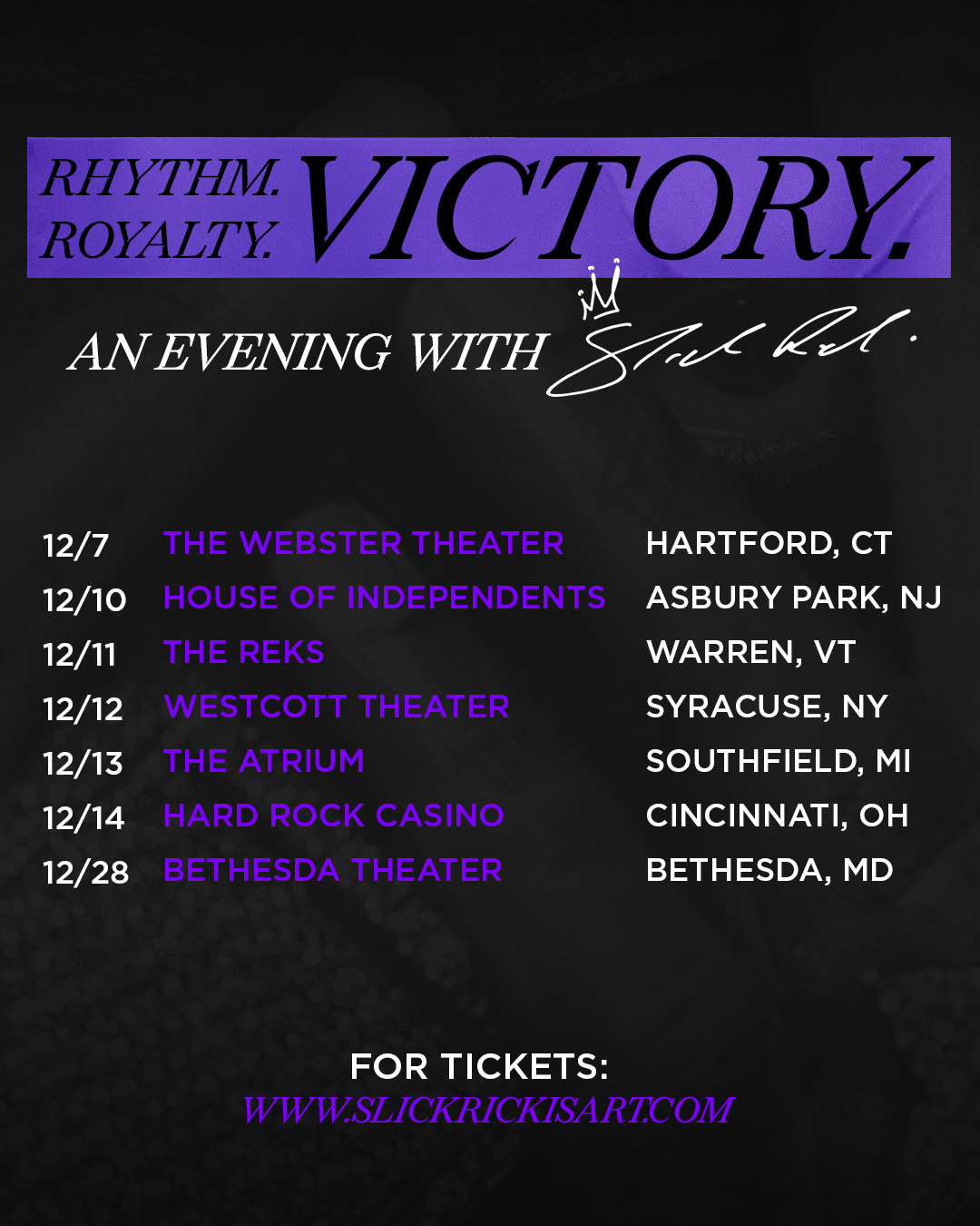 "Rhythm. Royalty. Victory." admat for socials