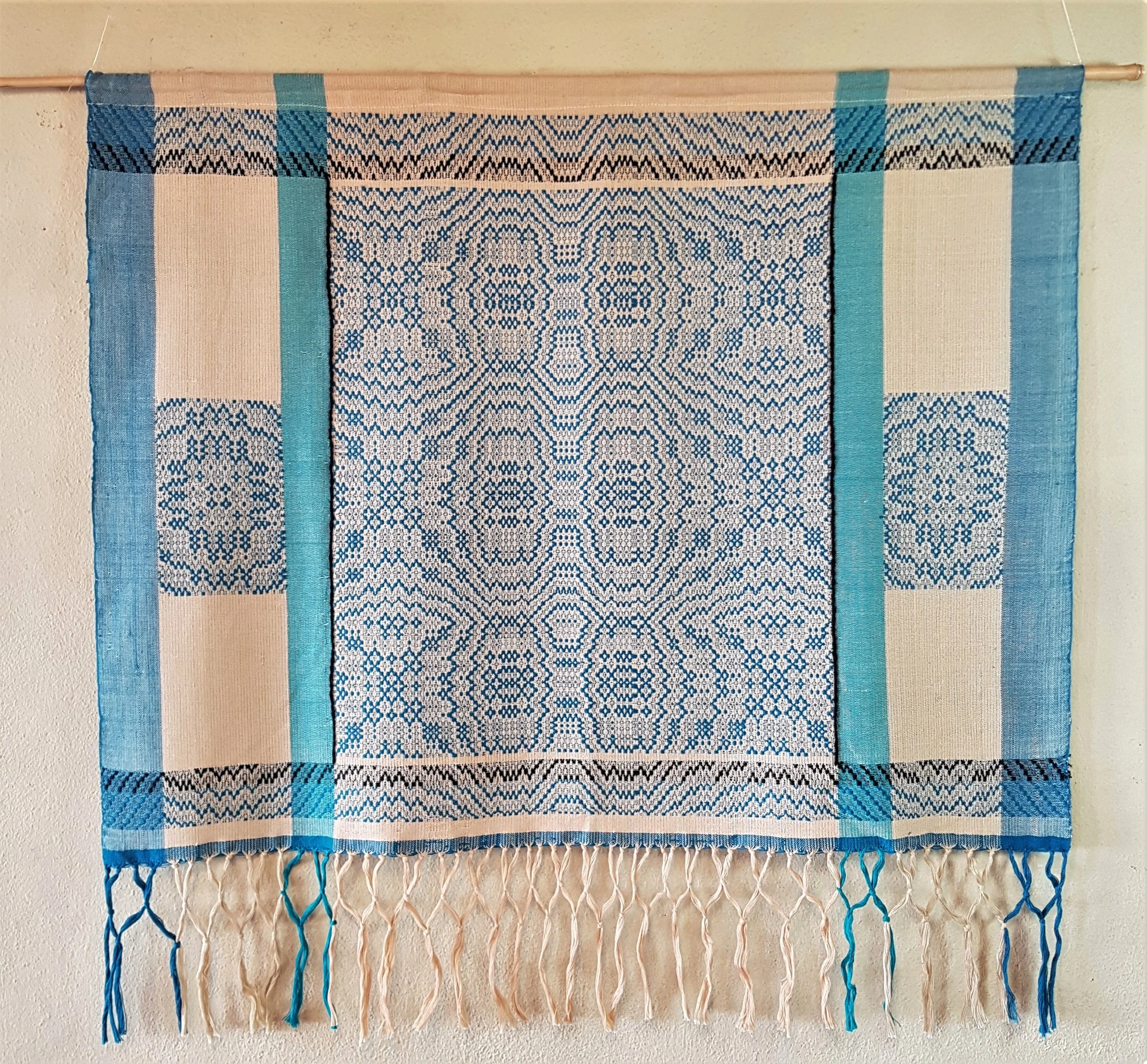 Lokah Samastah 
This piece is part of my collection of encoded designs featuring the mantra Lokah Samastah Sukinoh Bhavantu embedded into the woven design through a special encoding process I have developed.  Wooden dowel mount
31"x30"
$500

