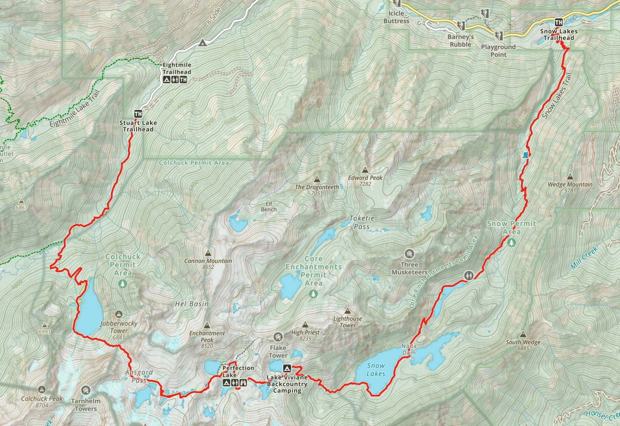 Map showing the trail for the Enchantments Thru Hike - Stuart/Colchuck Lake Trailhead to Snow Lakes Trailhead