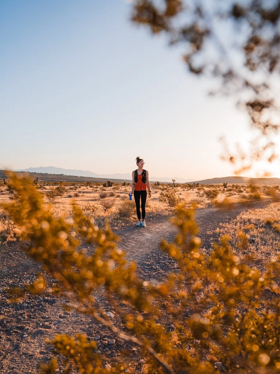 A woman hiking on a dirt trail in a desert landscape during sunset, surrounded by dry bushes and distant mountains.