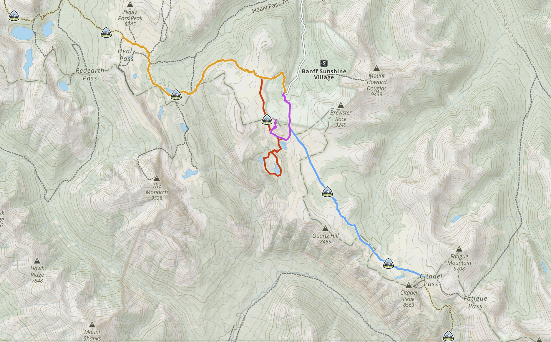 topographic map showing hikes from sunshine village ski resort in Banff National Park