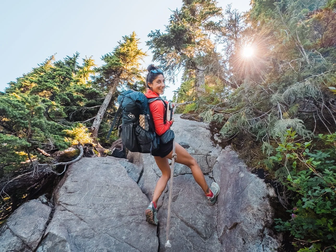 Girl descending a rope hand line along the Howe Sound Crest Trail