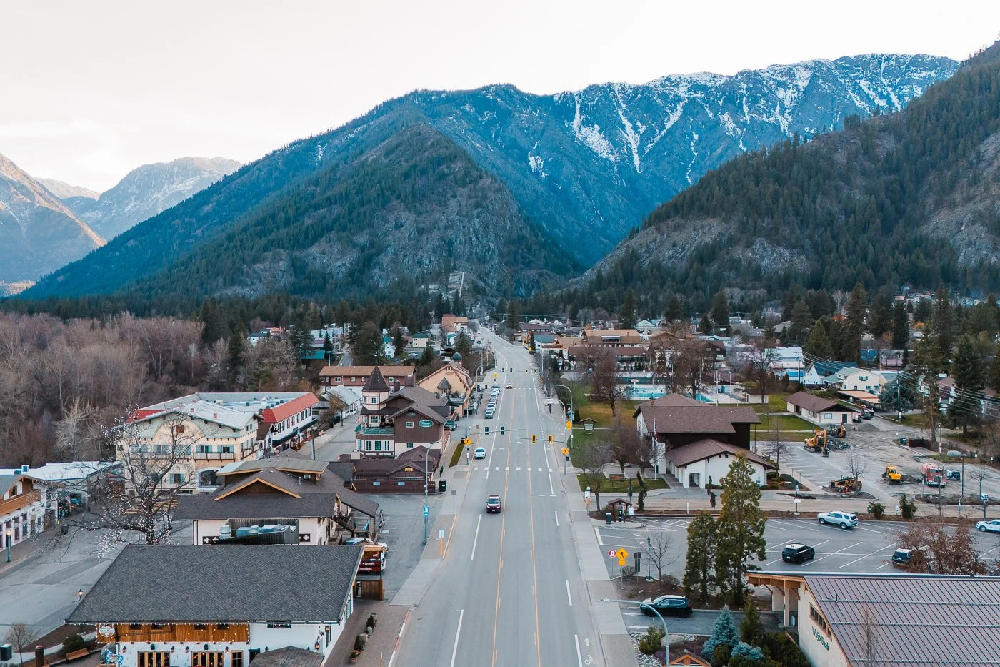 Aerial view of mainstreet (highway 2) in downtown Leavenworth Washington