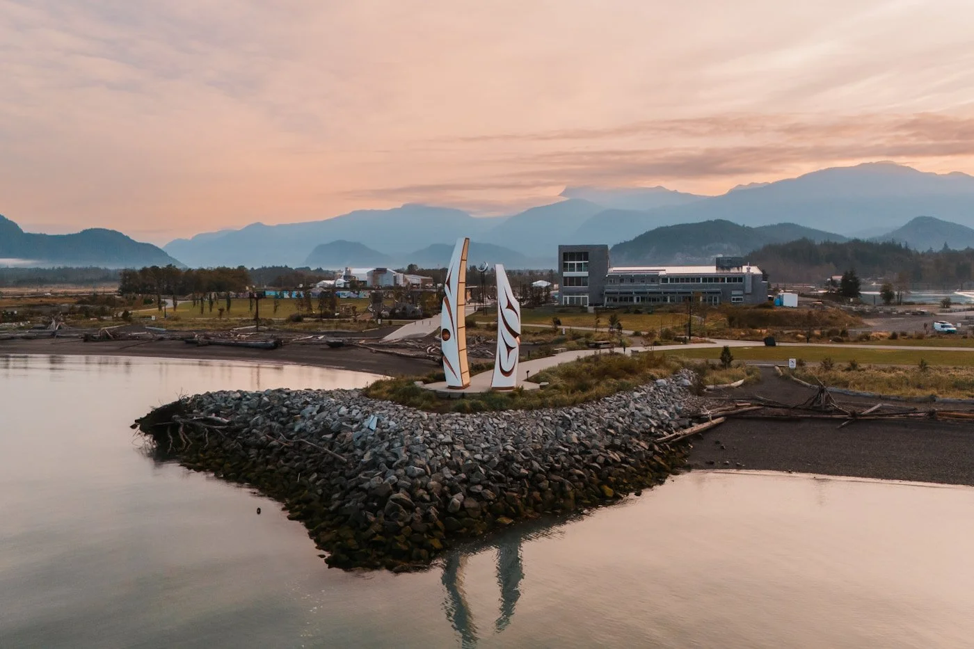 aerial view of the Sp’akw’us Feather Park Welcome Gate