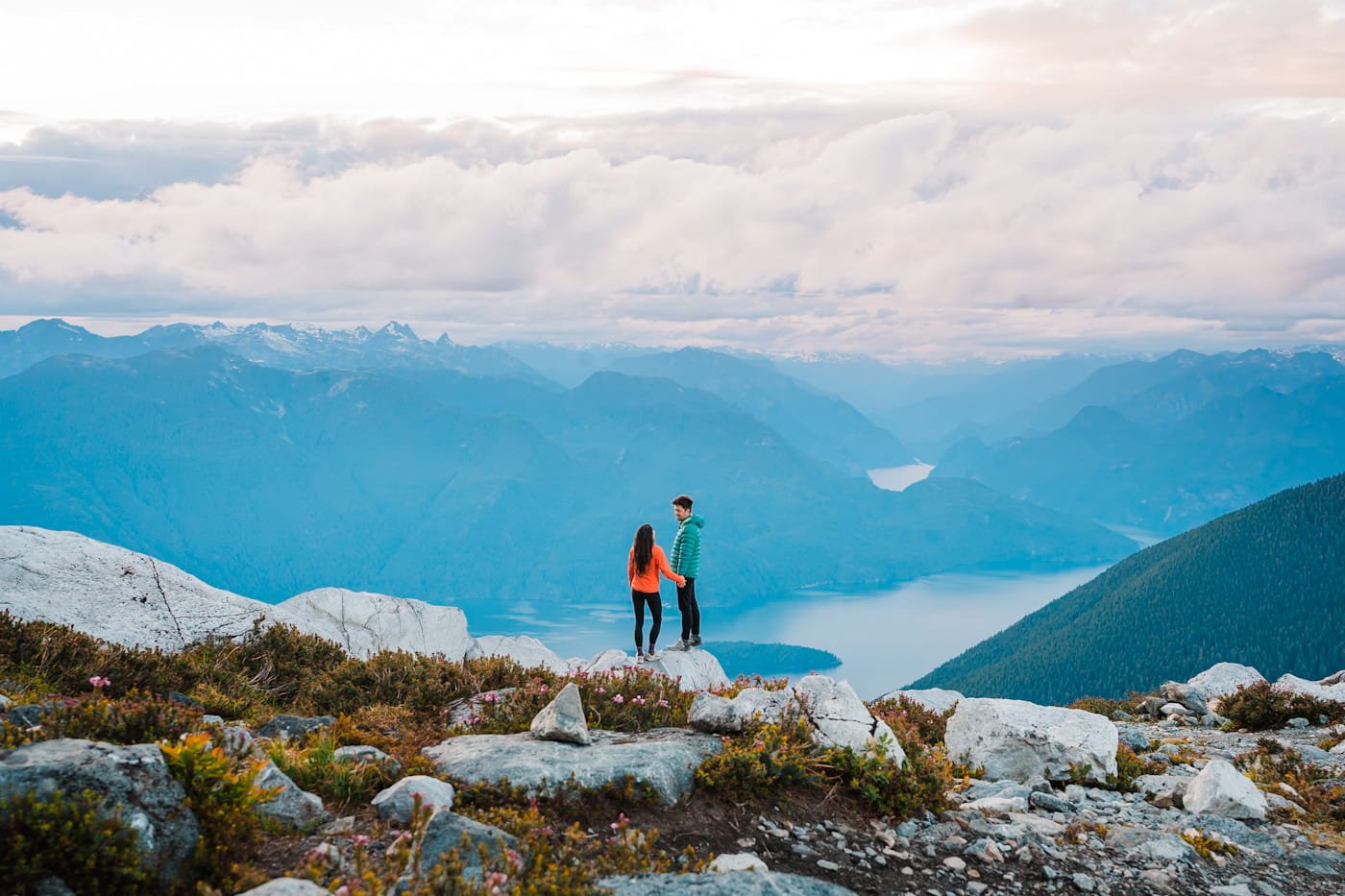couple standing together enjoying view from Panorama Ridge camping area in Golden Ears Provincial Park