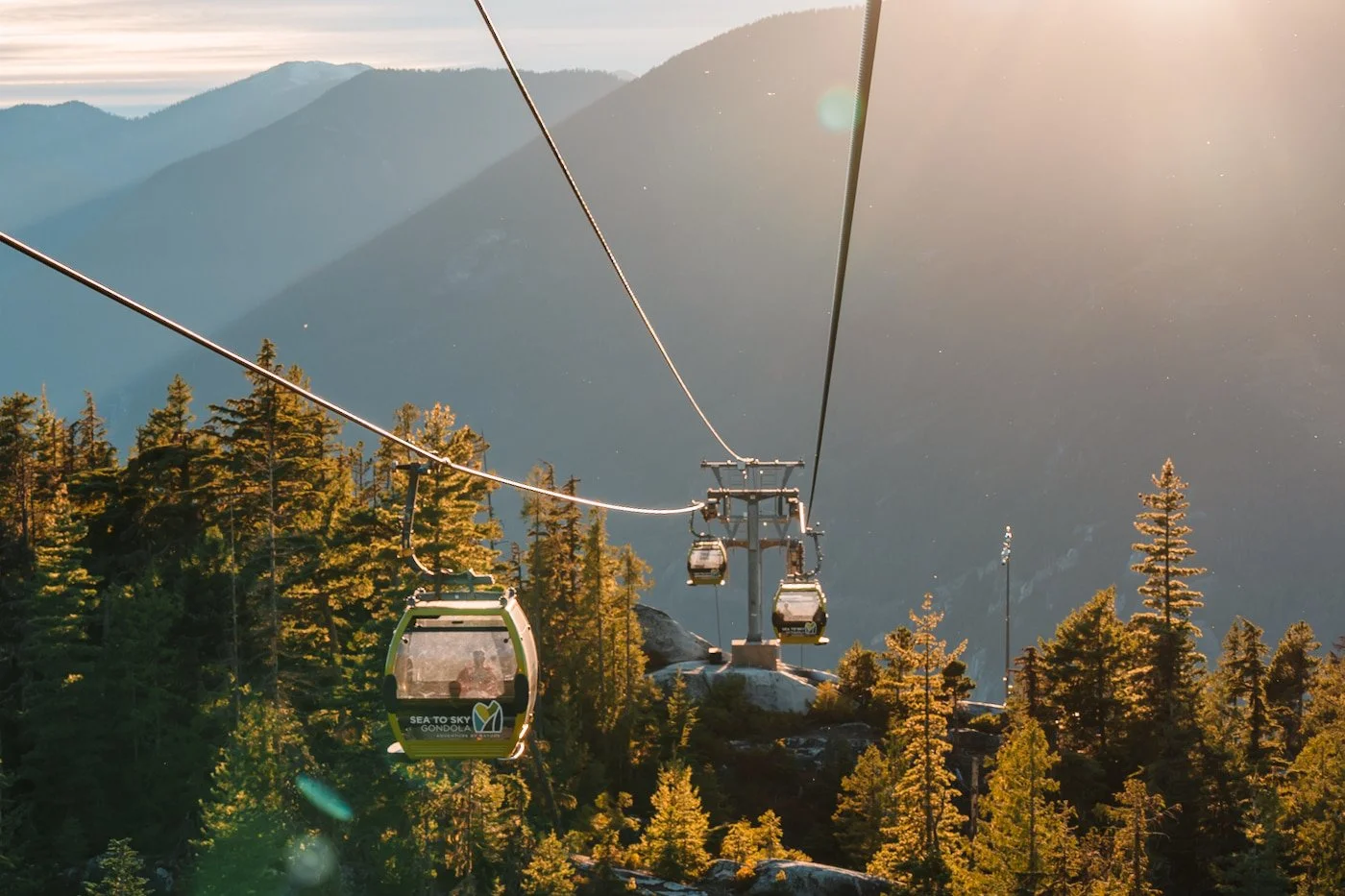 Mountain views while riding the the Sea to Sky Gondola down at sunset