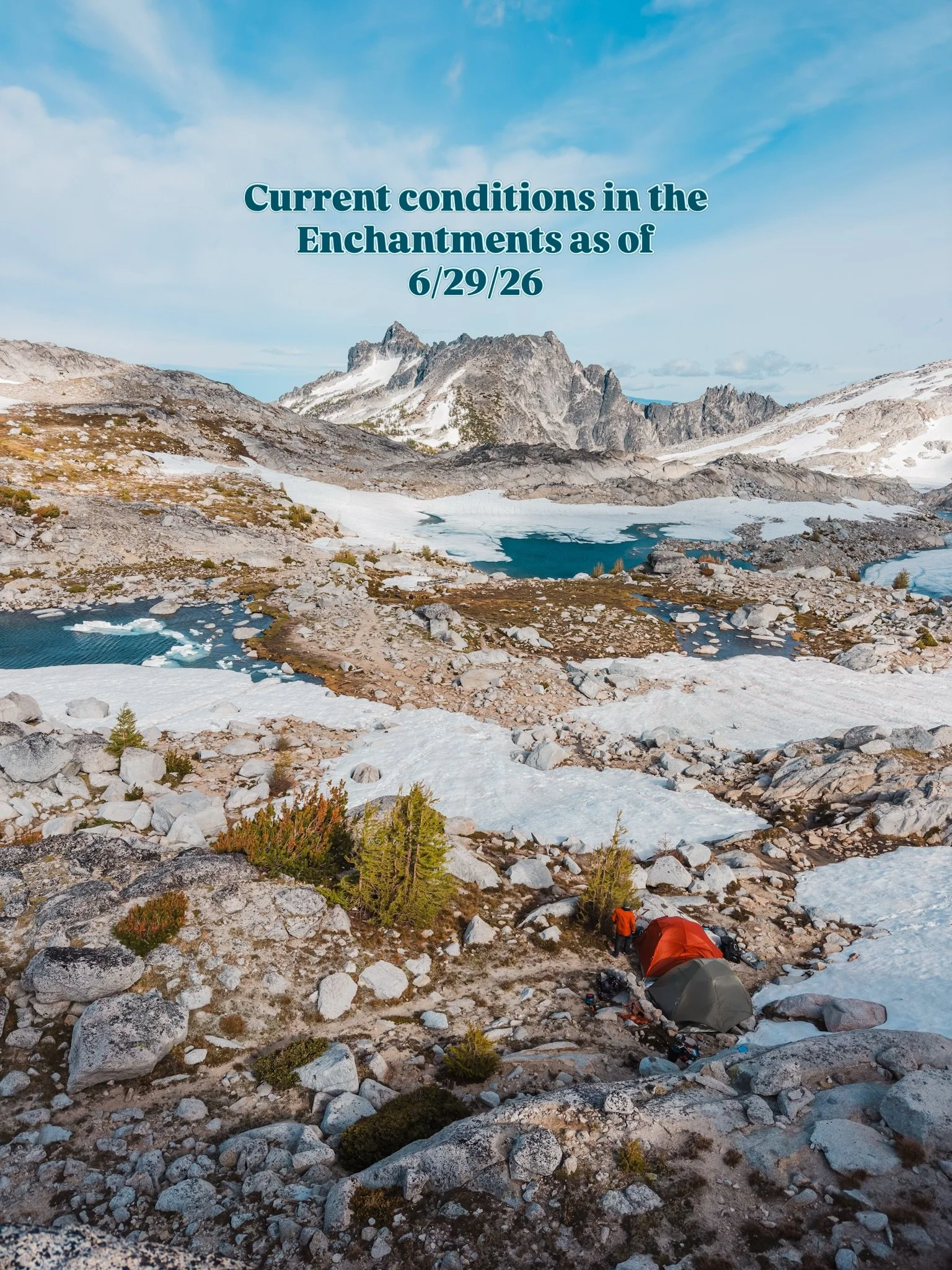 Current conditions in the Enchantments ⤵️

🏔️ We just got back from a fun, one night backpacking trip in the Enchantments, and there was a lot less snow than we expected in the core. 

✨ SEND this to the person you want to hike here with!

🥾 Head t