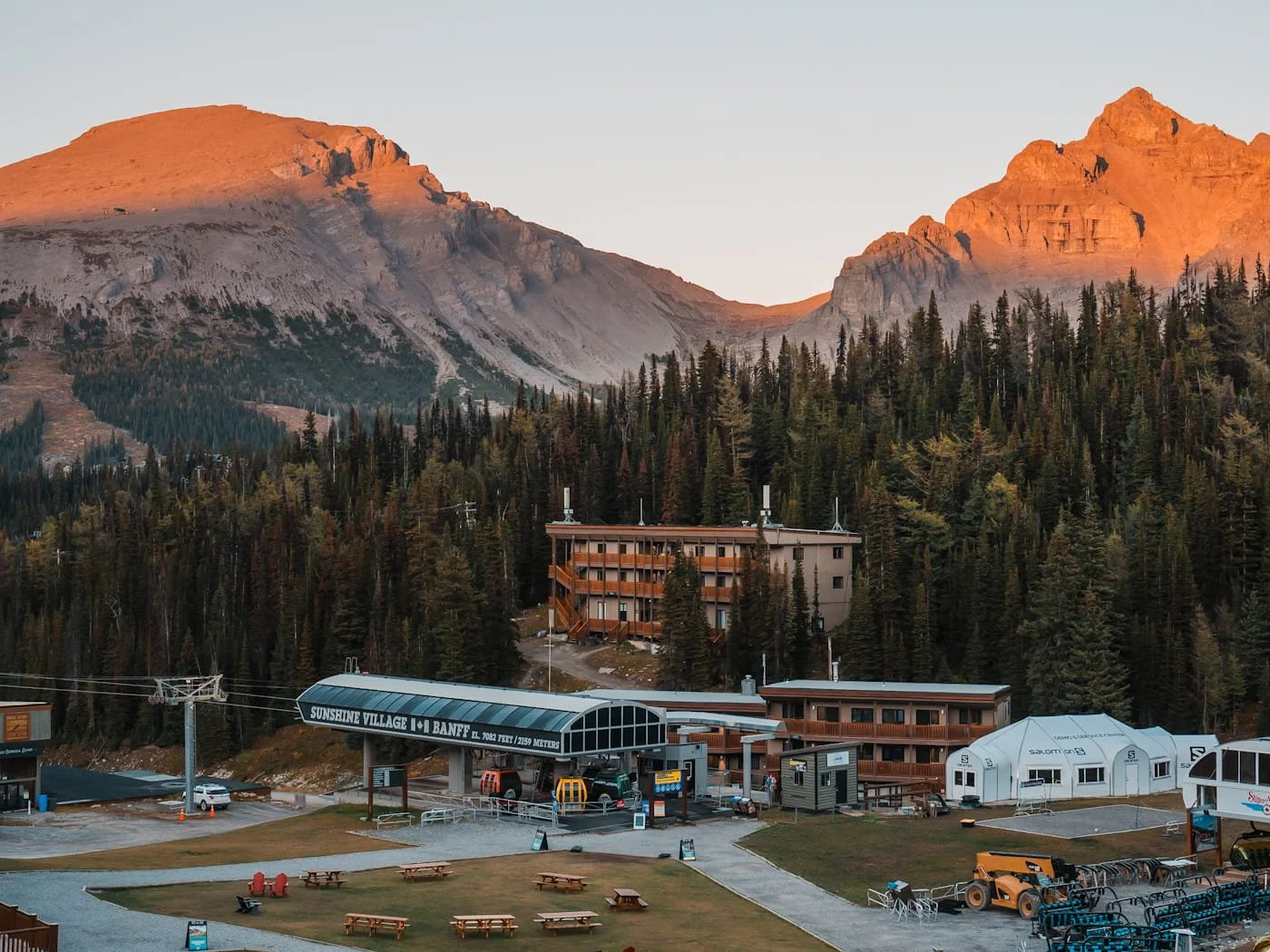 Sunshine village gondola at sunset as seen from Sunshine Mountain Lodge