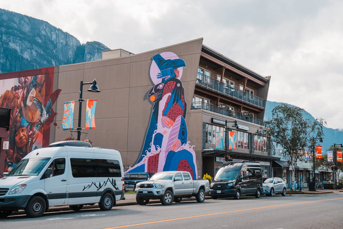 wall mural in downtown squamish Sna7m Smánit - Strong Spirit of the Mountain by James Harry