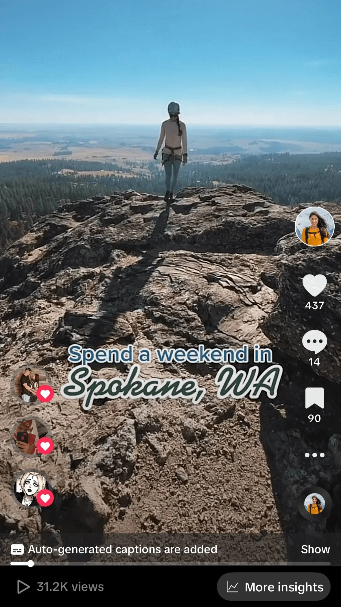 A person standing on a large rocky hilltop with scenic views of forests and plains in the distance under a clear blue sky. The text overlay reads, "Spend a weekend in Spokane, WA."