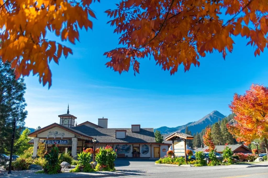Fall leaves with the Icicle Village Resort hotel in the background