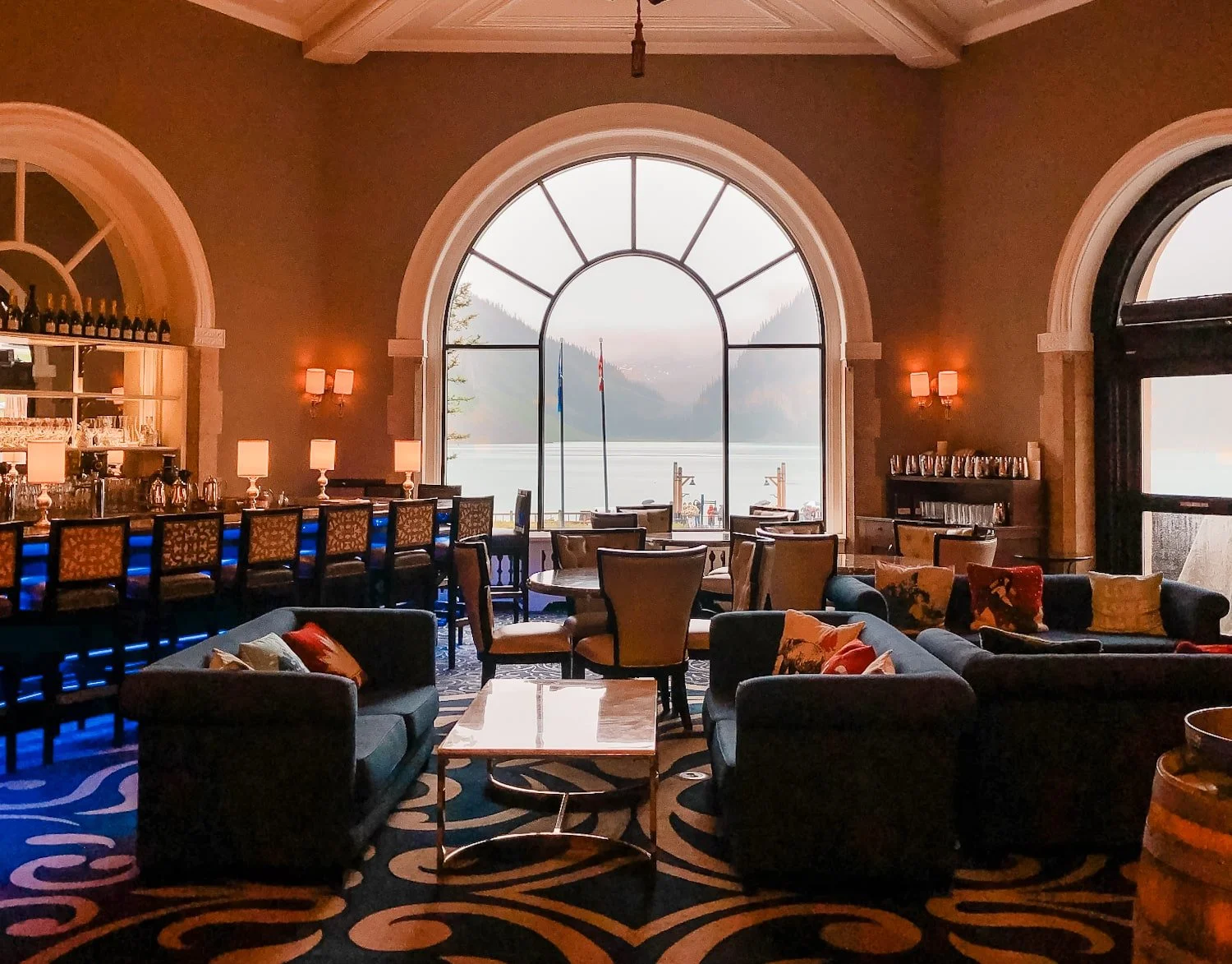 Inside of the bar at the Fairmont Lake Louise hotel in banff