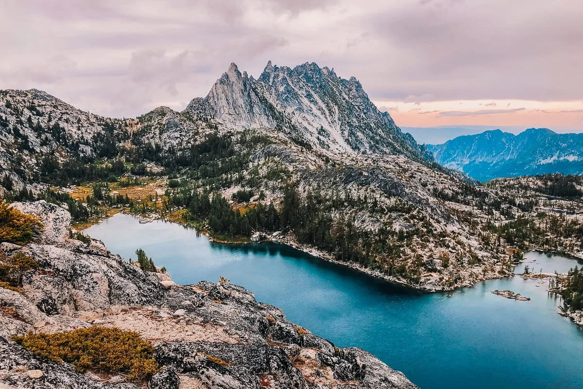 Looking down at alpine lakes and the rocky Prusik Peak in the core Enchantments