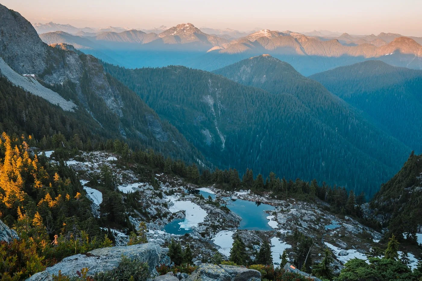 View of the trail leading downward past the West Lion and Thomas Peak on the Howe Sound Crest Trail