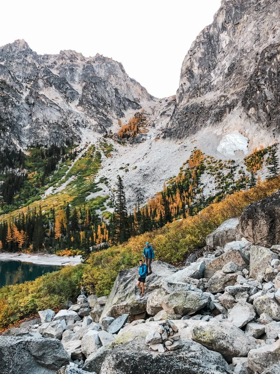 Garrett &amp; a friend navigating the boulder field around Colchuck